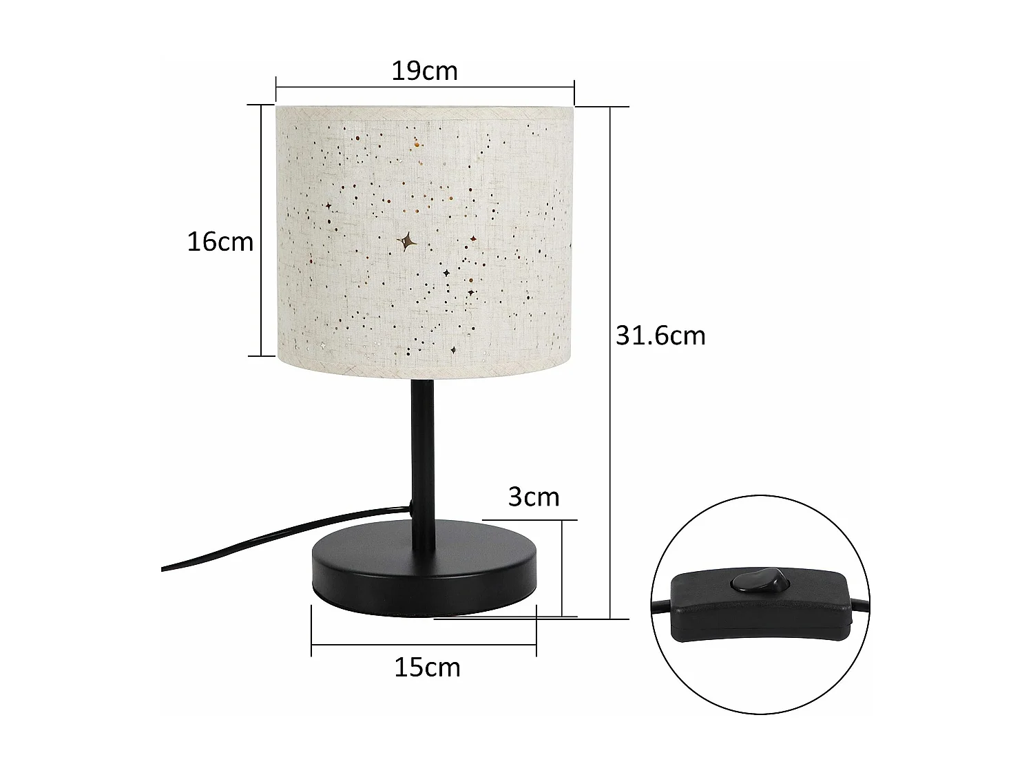 NETTLIFE Landhausstil Tischlampe Stoff E27 Retro Stern Design Weiß