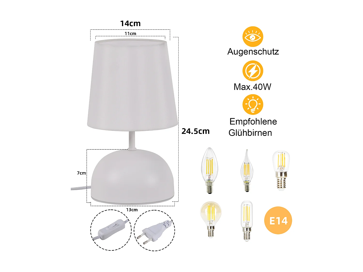 NETTLIFE Tafellamp E14 - 2 stuks - Wit - modern - Metaal en stof - Nachtlamp met kabel - slaapkamer lamp - voor woonkamer kantoor venster hotel - Zonder lichtbron