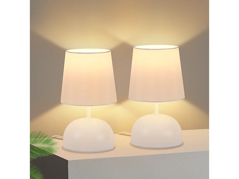 NETTLIFE Lampe de chevet Lot de 2 lampes de table avec câble Blanc Tissu Lampe de nuit Moderne Chambre à coucher Design