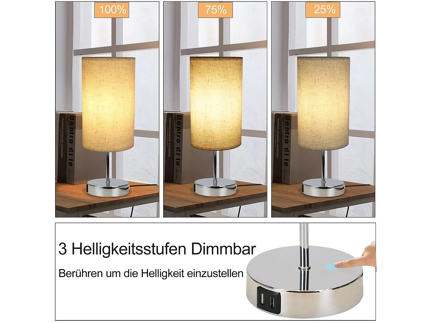 NETTLIFE Vintage Dimbare Touch Bedlamp E27 met USB-oplaadfunctie LED Warm Wit Dimbaar