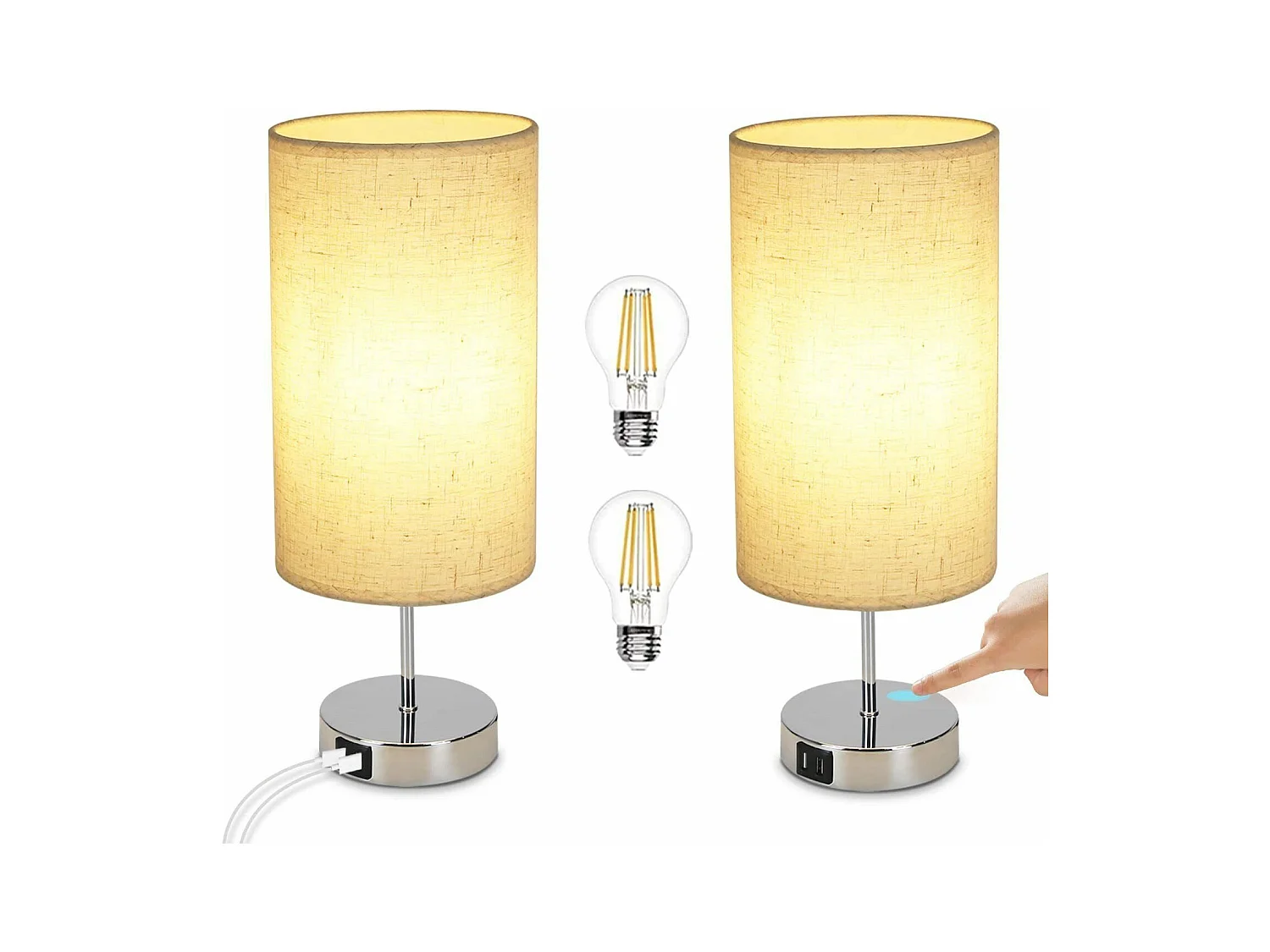 NETTLIFE Lampe de chevet tactile dimmable vintage E27 avec fonction de charge USB LED blanc chaud variable