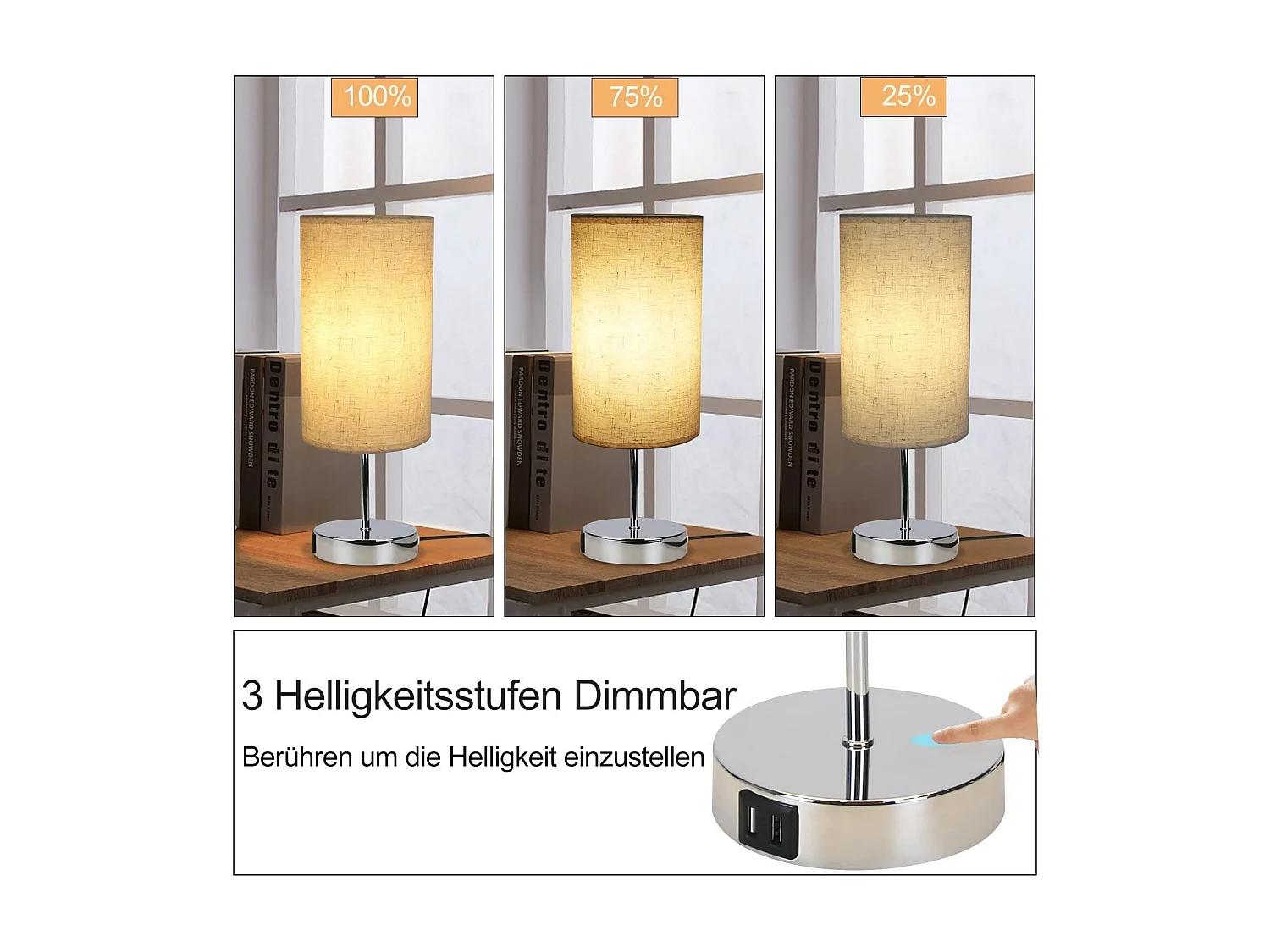 NETTLIFE Lampe de chevet tactile dimmable vintage E27 avec fonction de charge USB LED blanc chaud variable