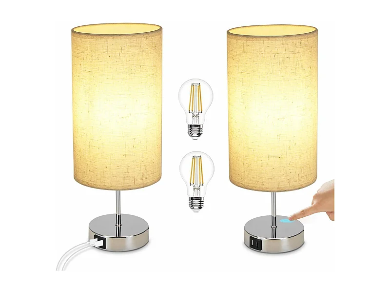 NETTLIFE Tafellamp E27 2 Stuks chroom rond 3000K Warm wit Licht Touch Dimbaar nachtlamp met USB laadfunctie stoffen lampenkap