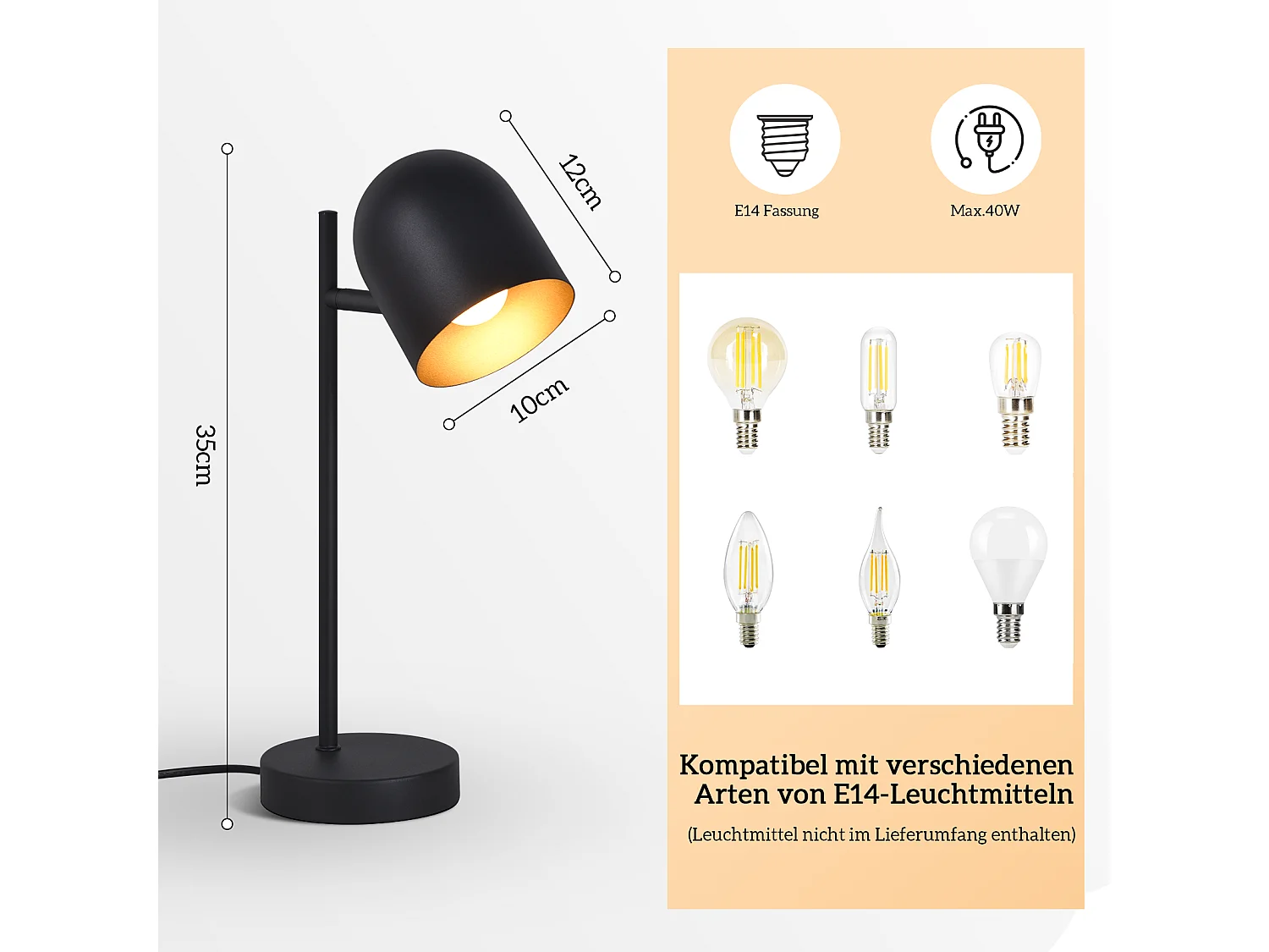 NETTLIFE Tafellamp - E14 Fitting - zwart goud - industrieel - gemaakt van metaal - draaibaar bedlamp met kabel - voor Slaapkamer | Woonkamer - Zonder lichtbron