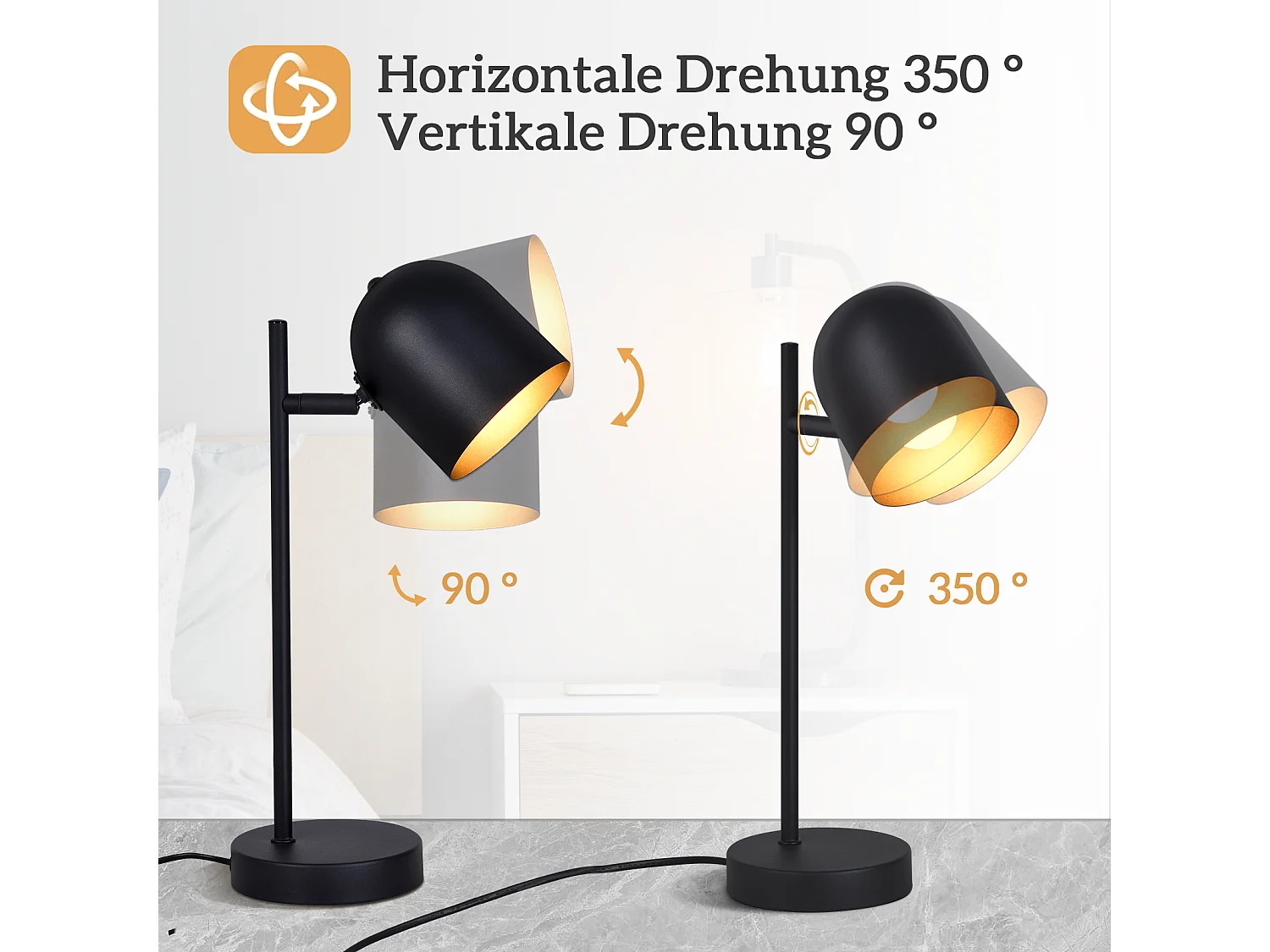 NETTLIFE Tafellamp - E14 Fitting - zwart goud - industrieel - gemaakt van metaal - draaibaar bedlamp met kabel - voor Slaapkamer | Woonkamer - Zonder lichtbron