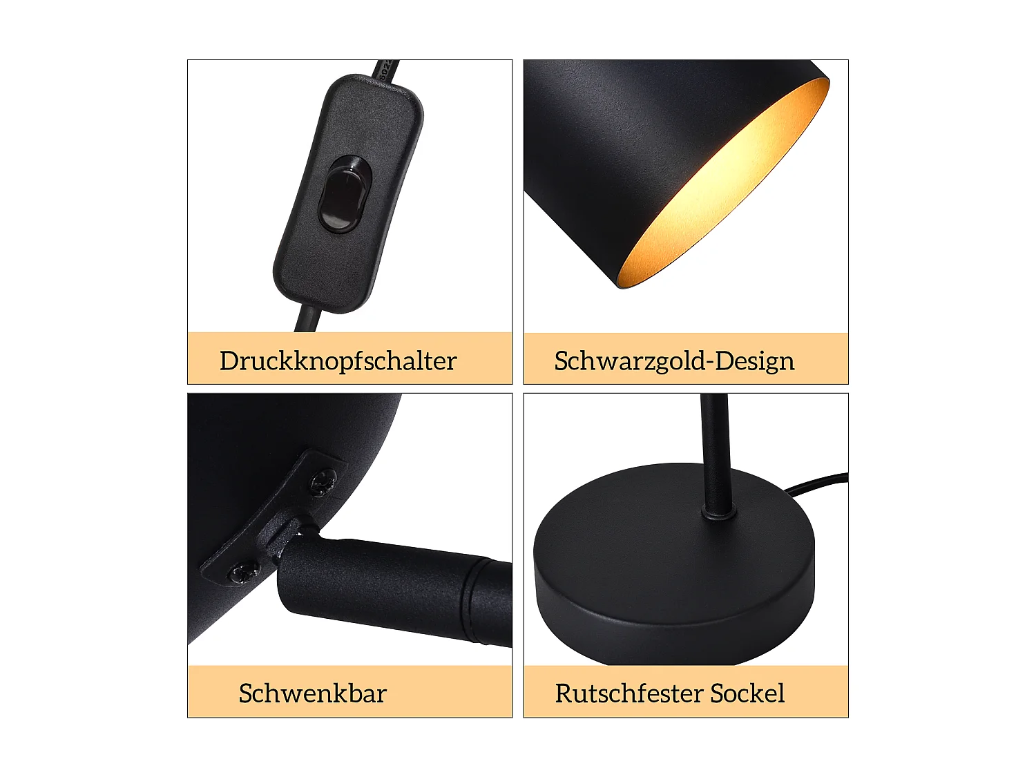 NETTLIFE Tischlampe Nachttischlampe Retro Schwarz Gold Metall E14 ohne Leuchtmittel