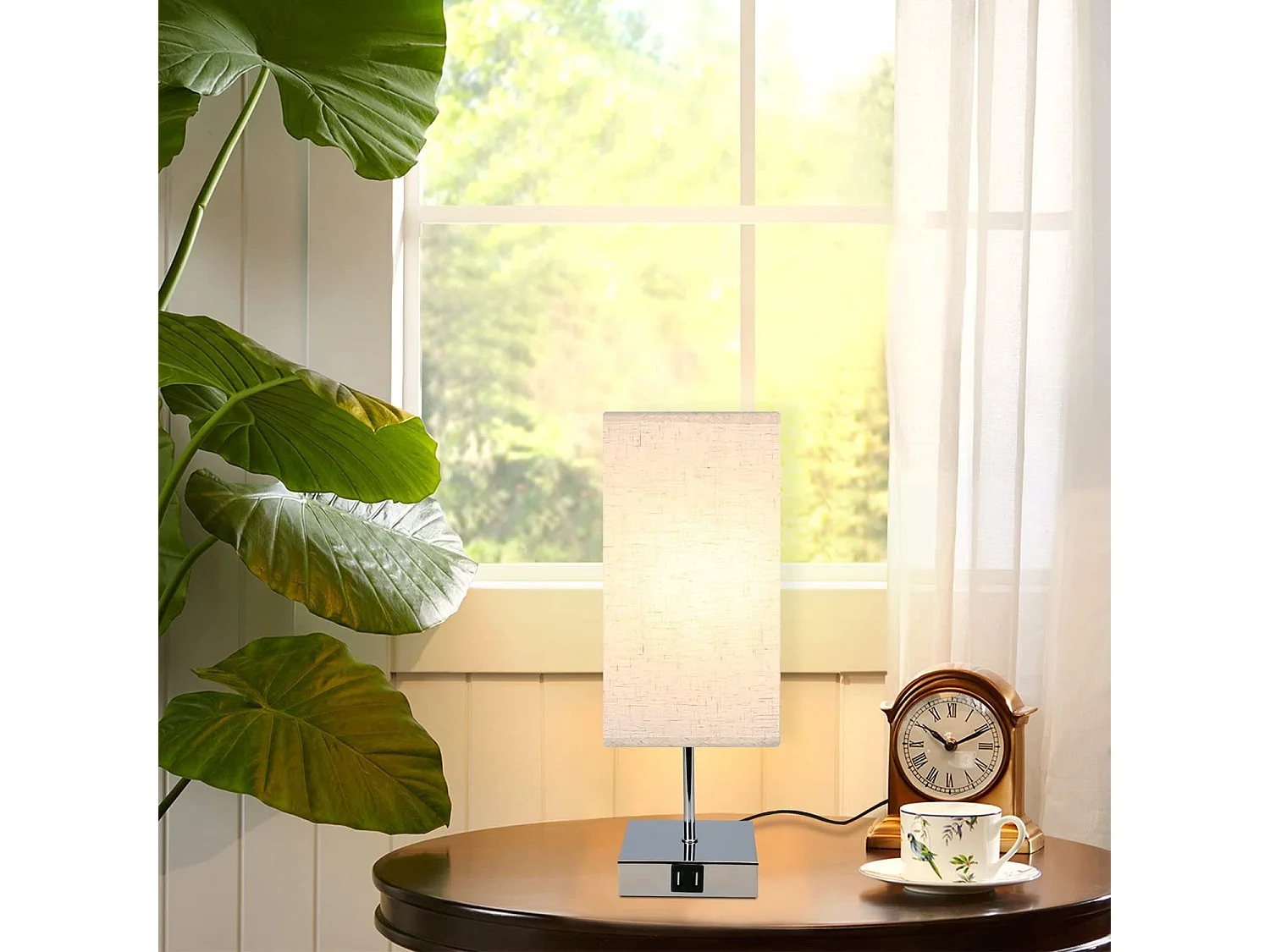 NETTLIFE Tafellamp E27 2 Stuks chroom rechthoekig 3000K Warm wit Licht Touch Dimbaar nachtlamp met USB laadfunctie stoffen lampenkap