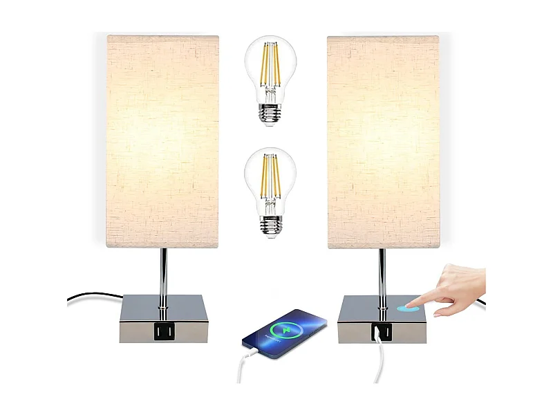 NETTLIFE Tafellamp E27 2 Stuks chroom rechthoekig 3000K Warm wit Licht Touch Dimbaar nachtlamp met USB laadfunctie stoffen lampenkap