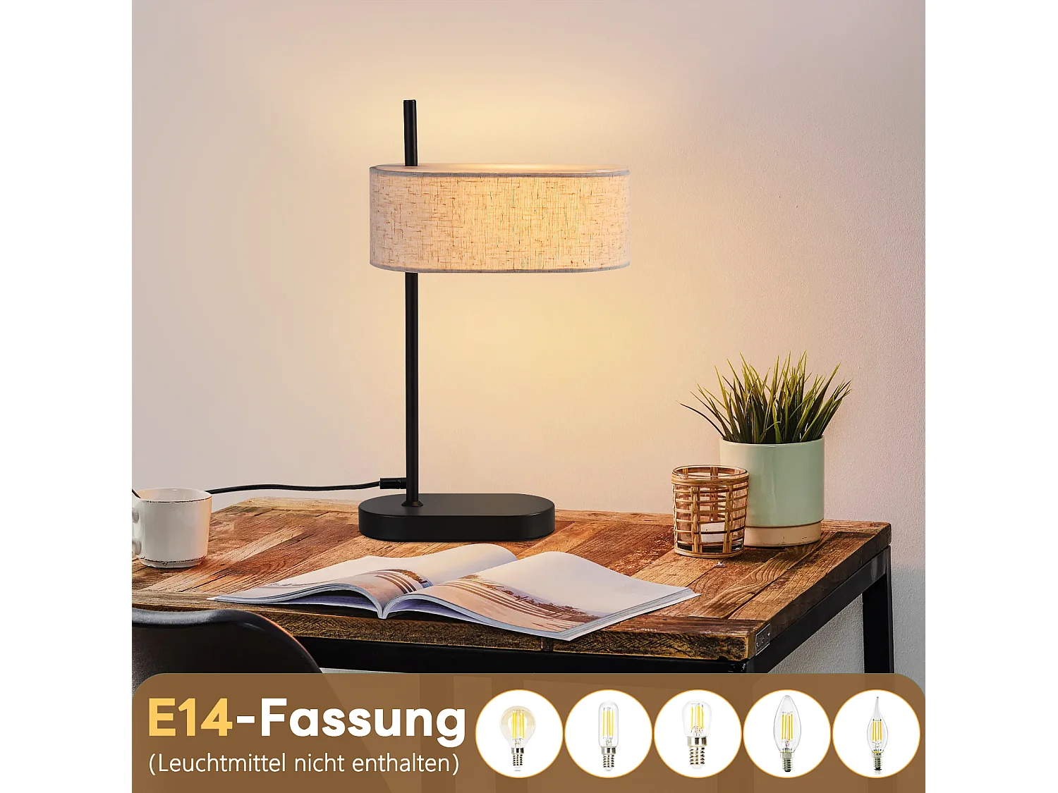 NETTLIFE Tafellamp E14 2 Stuks Vintage zwart met Stoffen lampenkap Bedlamp met schakelaar en kabel voor woonkamer | kantoor | Slaapkamer Zonder lichtbron
