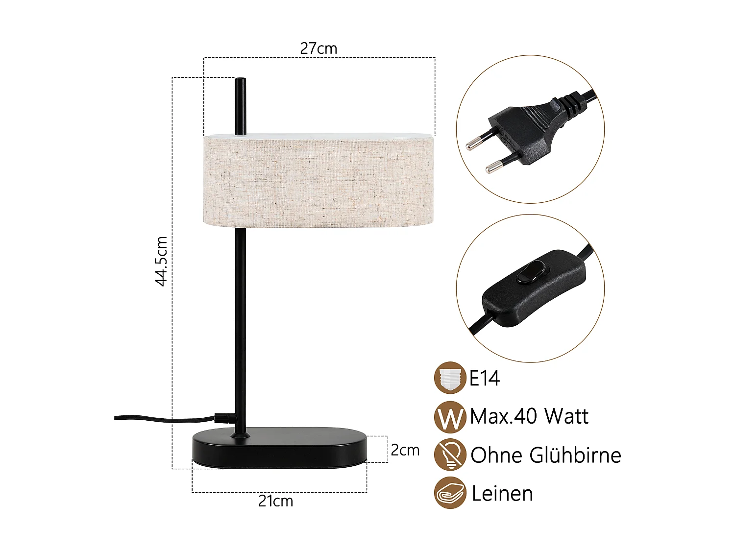 NETTLIFE Tafellamp E14 2 Stuks Vintage zwart met Stoffen lampenkap Bedlamp met schakelaar en kabel voor woonkamer | kantoor | Slaapkamer Zonder lichtbron