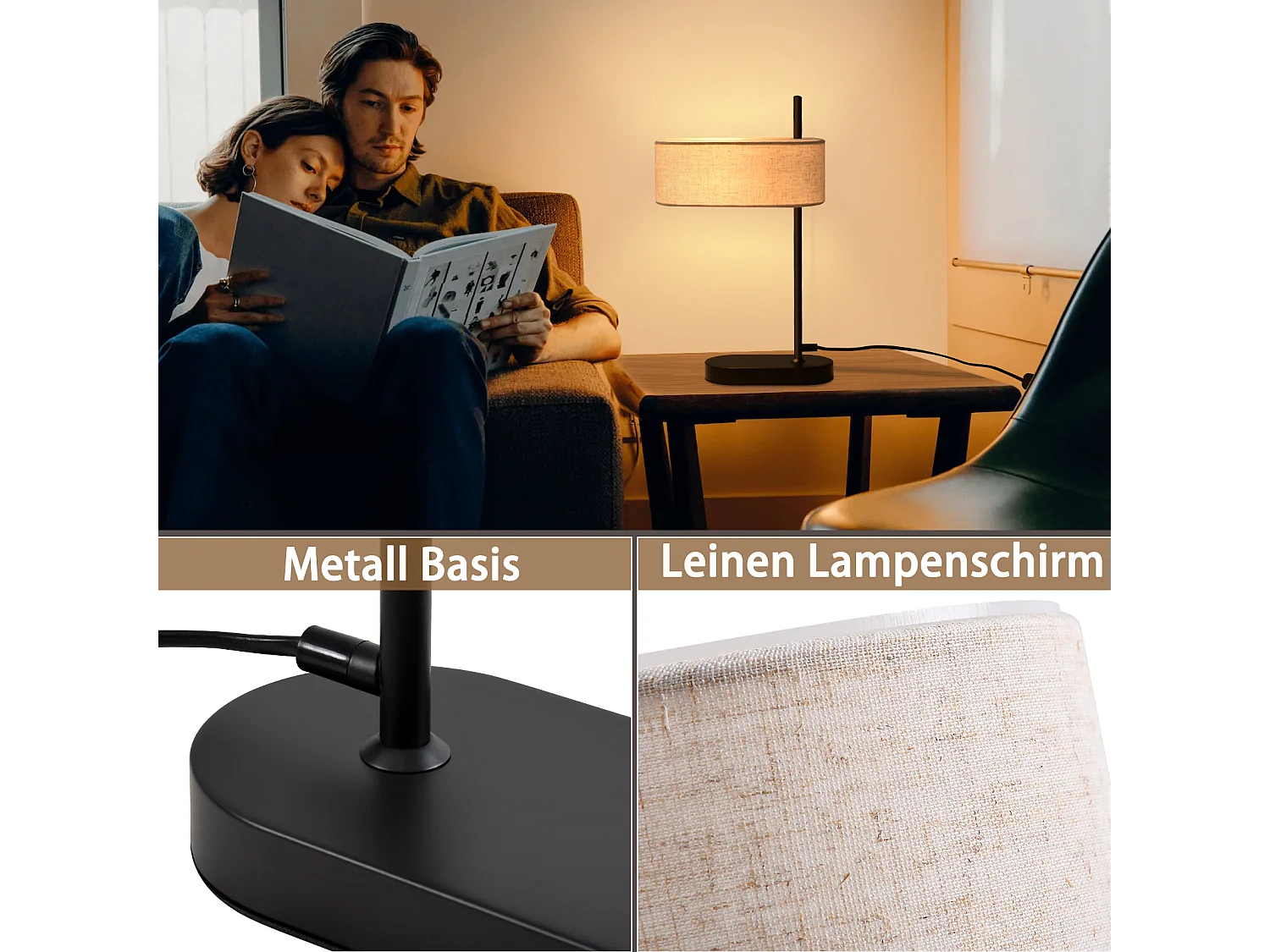 NETTLIFE Lampe de chevet chambre lampe de table vintage - 44,5cm E14 lin noir avec interrupteur rétro