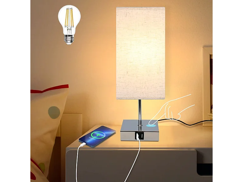 NETTLIFE Lampe de chevet tactile à intensité variable abat-jour en tissu vintage E27 avec fonction de chargement USB