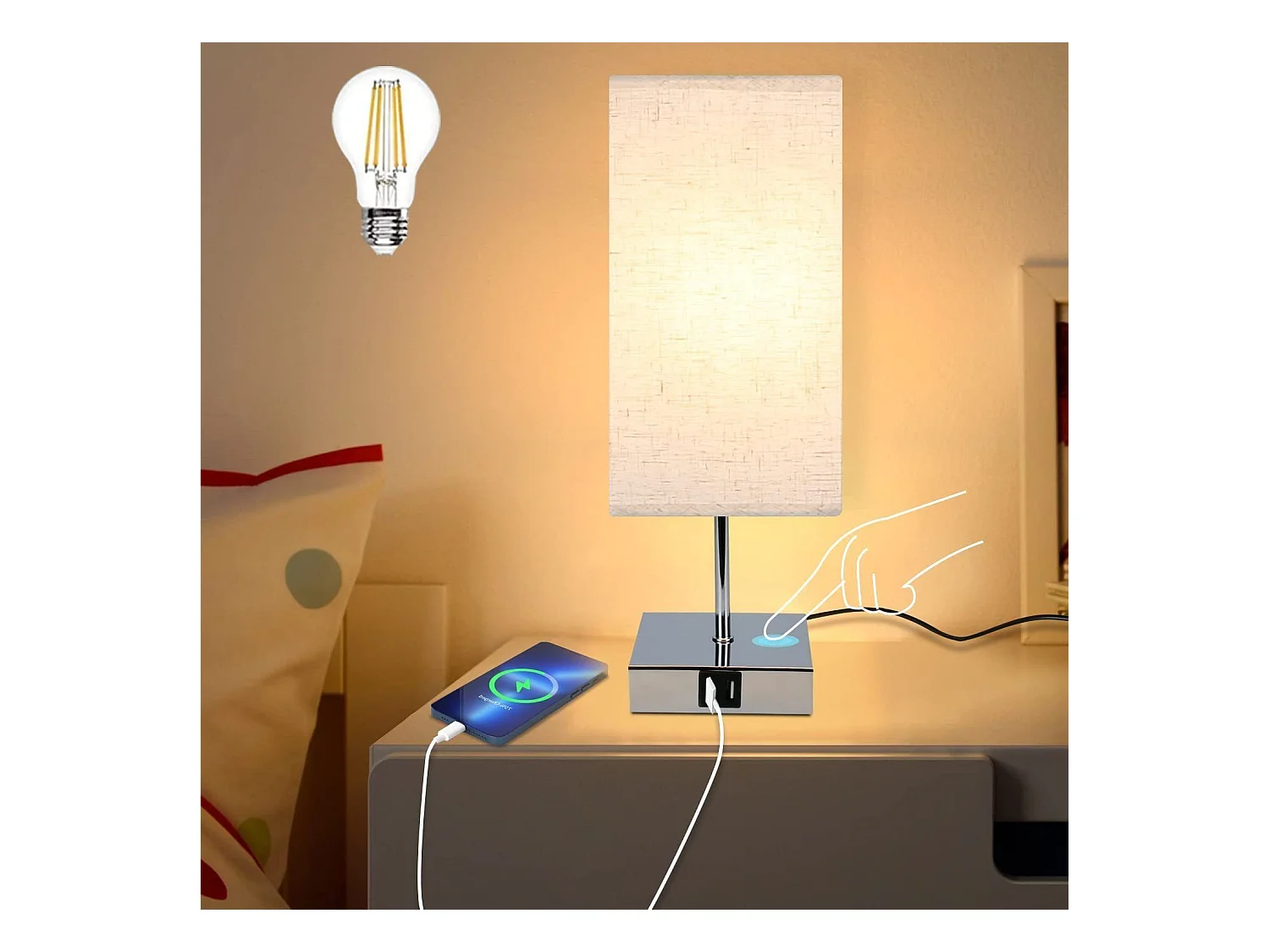 NETTLIFE Lampe de chevet tactile à intensité variable abat-jour en tissu vintage E27 avec fonction de chargement USB