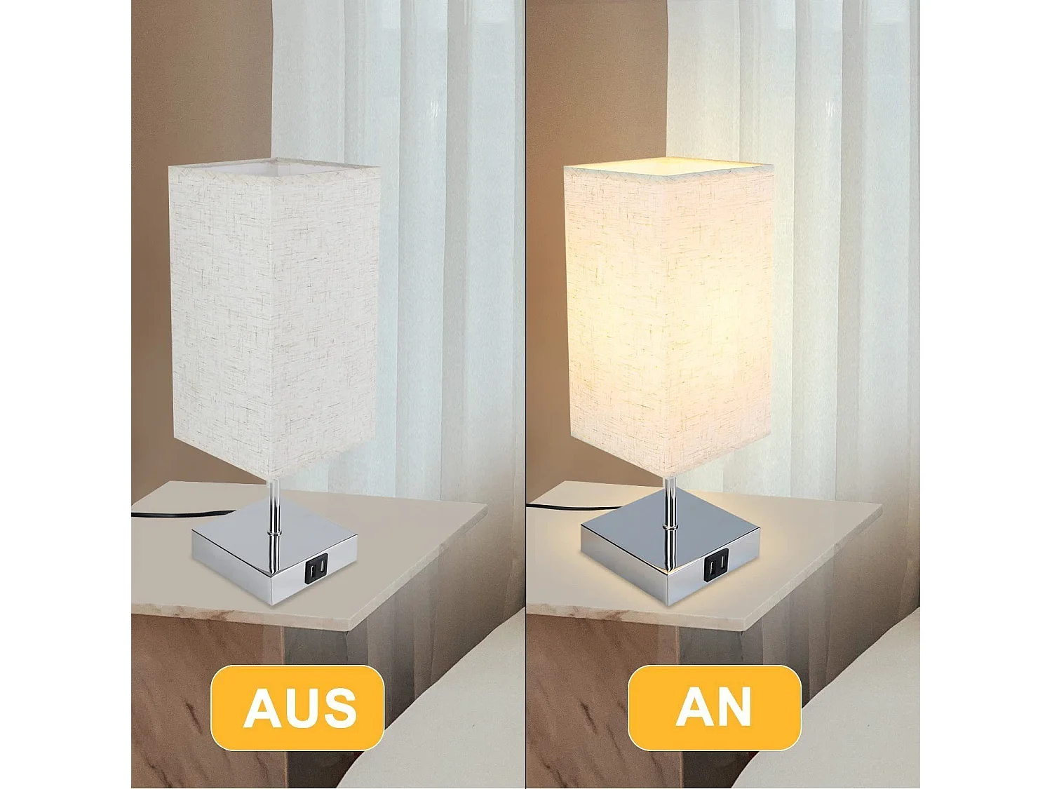 NETTLIFE Lampe de chevet tactile à intensité variable abat-jour en tissu vintage E27 avec fonction de chargement USB