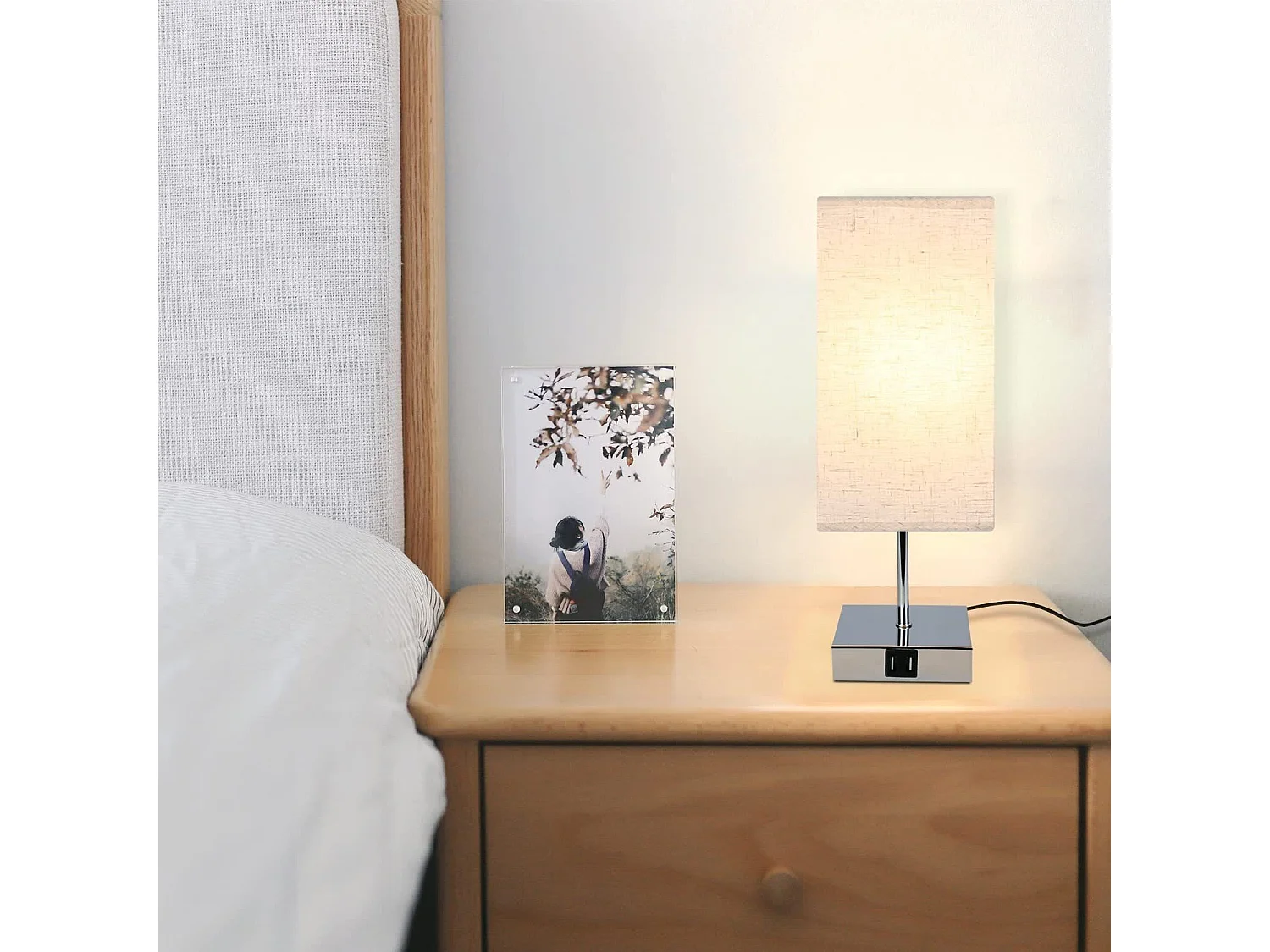 NETTLIFE Lampe de chevet tactile à intensité variable abat-jour en tissu vintage E27 avec fonction de chargement USB