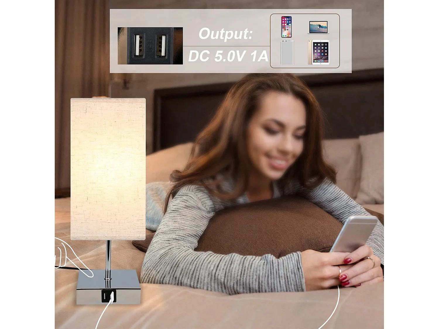 NETTLIFE Lampe de chevet tactile à intensité variable abat-jour en tissu vintage E27 avec fonction de chargement USB