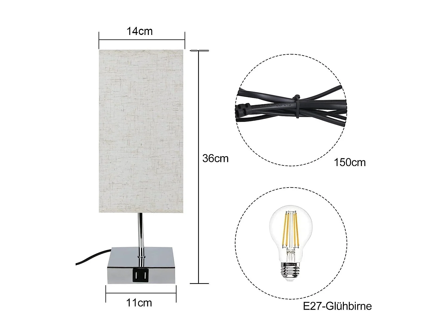 NETTLIFE Lampe de chevet tactile à intensité variable abat-jour en tissu vintage E27 avec fonction de chargement USB
