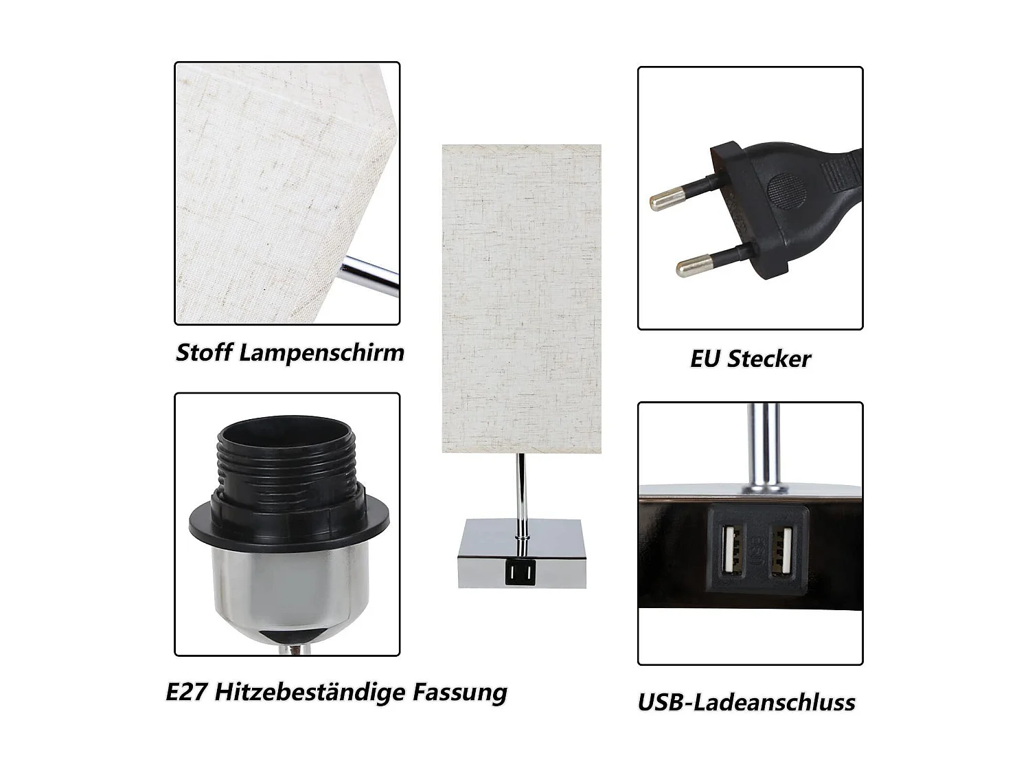 NETTLIFE Lampe de chevet tactile à intensité variable abat-jour en tissu vintage E27 avec fonction de chargement USB