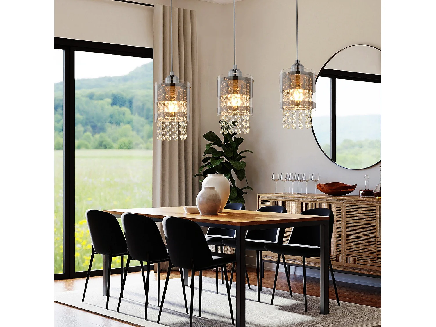 NETTLIFE Lampa wisząca 3 żarówki E27 Nowoczesna średnica 60 cm Regulowana wysokość Projekt Szkło i kryształ Jadalnia Maks. 25 W