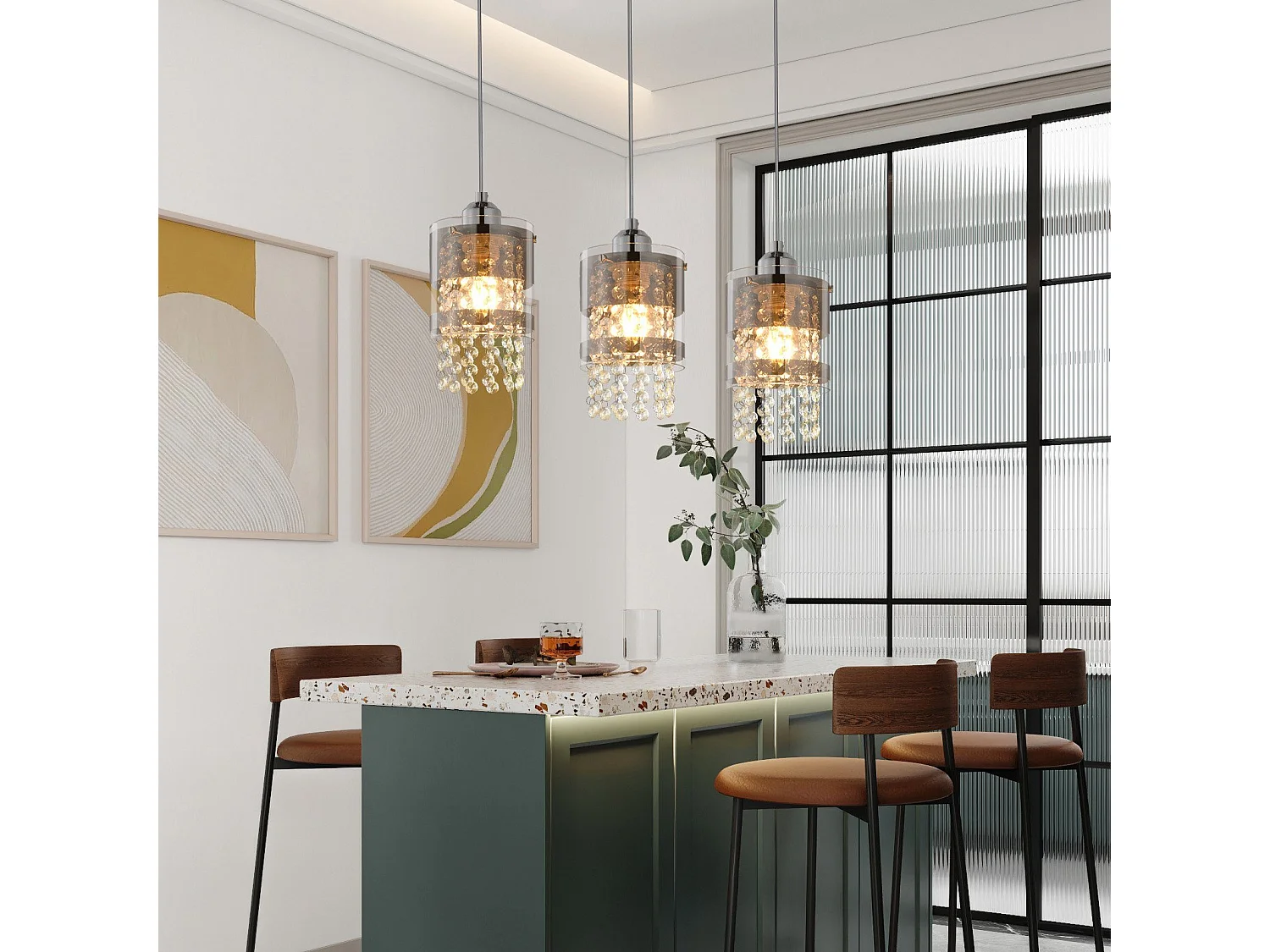 NETTLIFE Lampa wisząca 3 żarówki E27 Nowoczesna średnica 60 cm Regulowana wysokość Projekt Szkło i kryształ Jadalnia Maks. 25 W