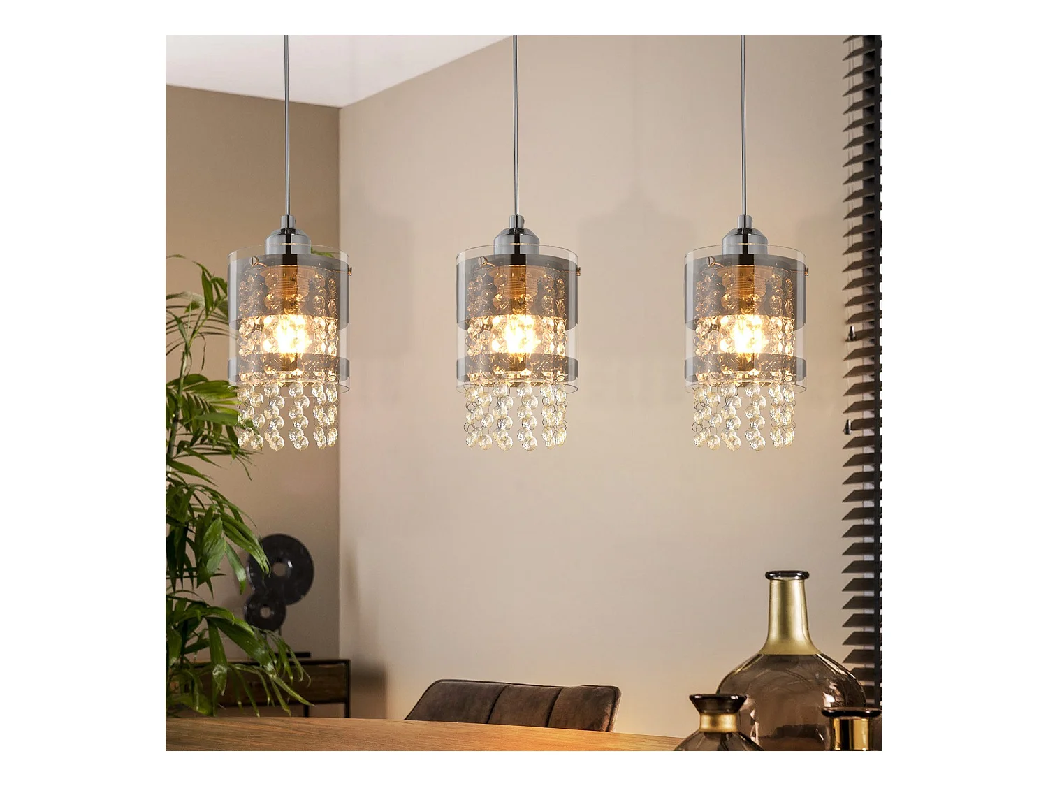 NETTLIFE Suspension 3 Ampoules E27 Moderne Diam.60CM Hauteur Réglable Design Verre et Cristal pour Salon Chambre Cuisine Salle à Manger Max.25w