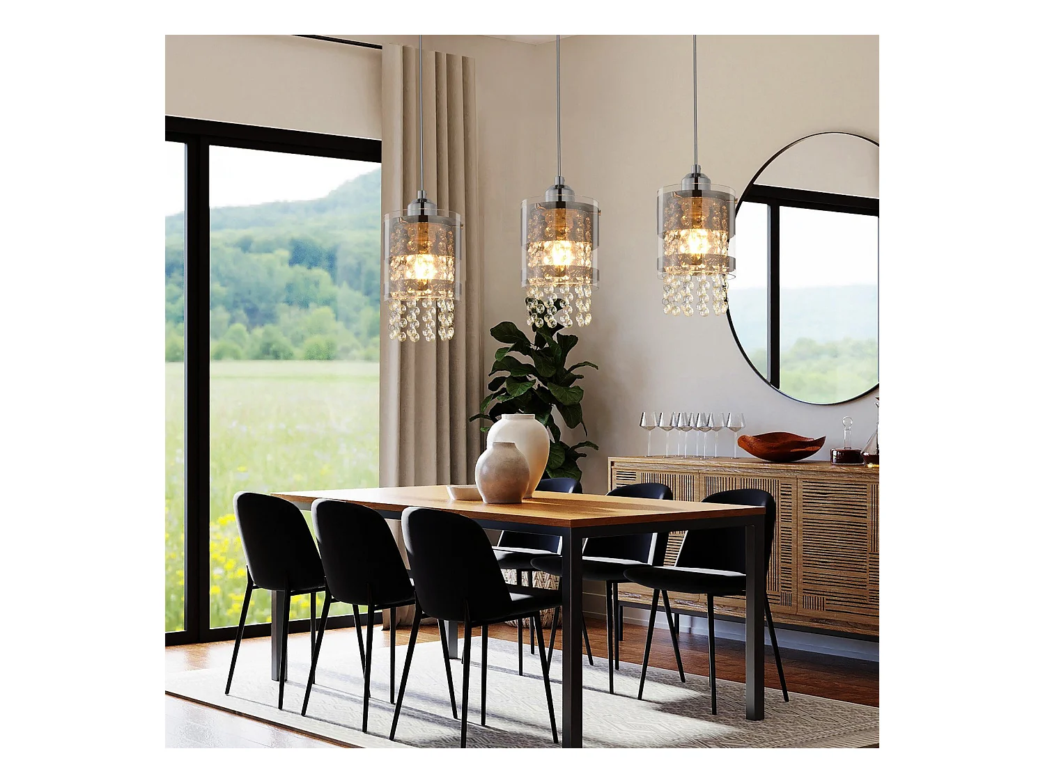 NETTLIFE Suspension 3 Ampoules E27 Moderne Diam.60CM Hauteur Réglable Design Verre et Cristal pour Salon Chambre Cuisine Salle à Manger Max.25w