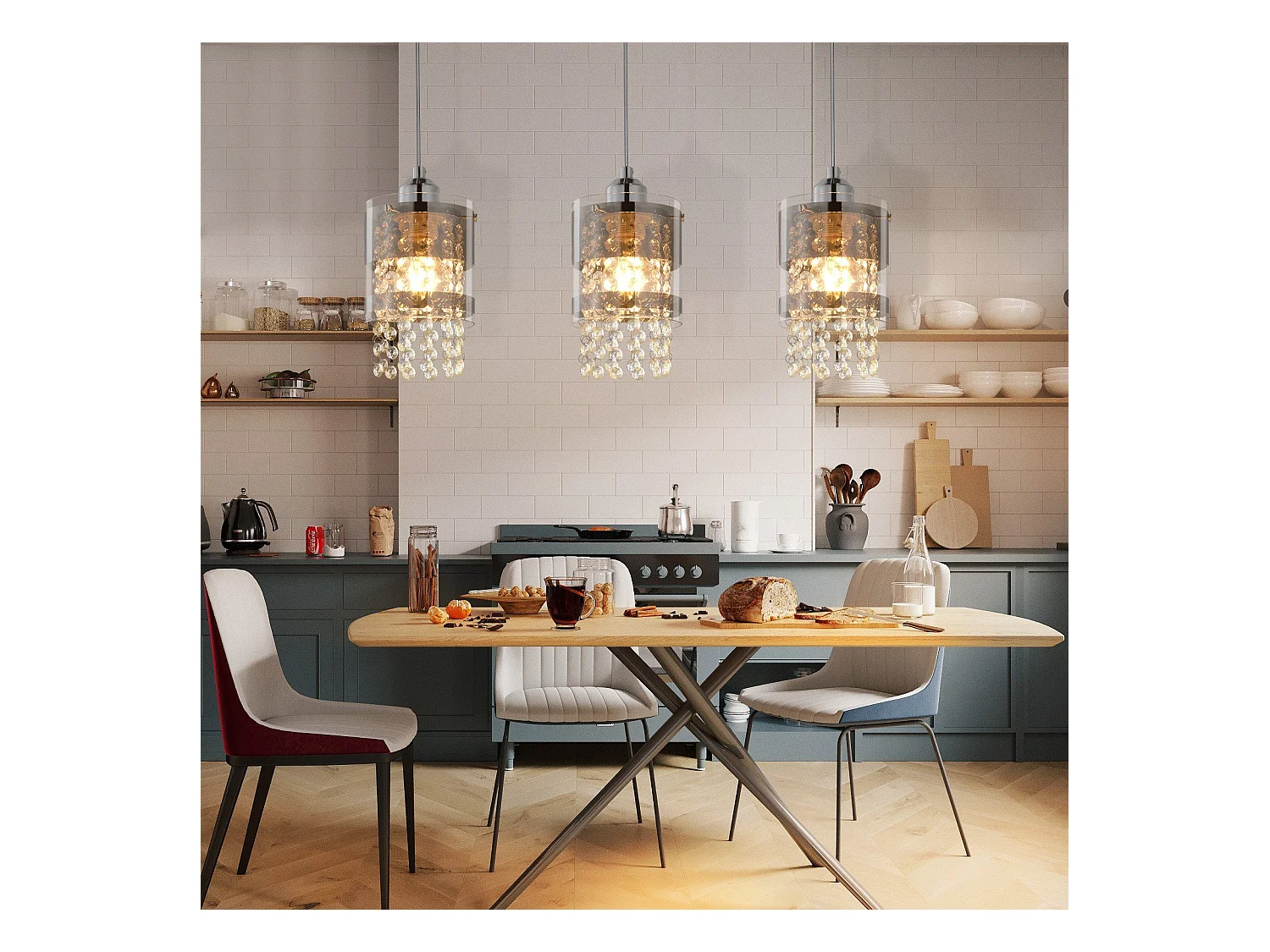 NETTLIFE Suspension 3 Ampoules E27 Moderne Diam.60CM Hauteur Réglable Design Verre et Cristal pour Salon Chambre Cuisine Salle à Manger Max.25w