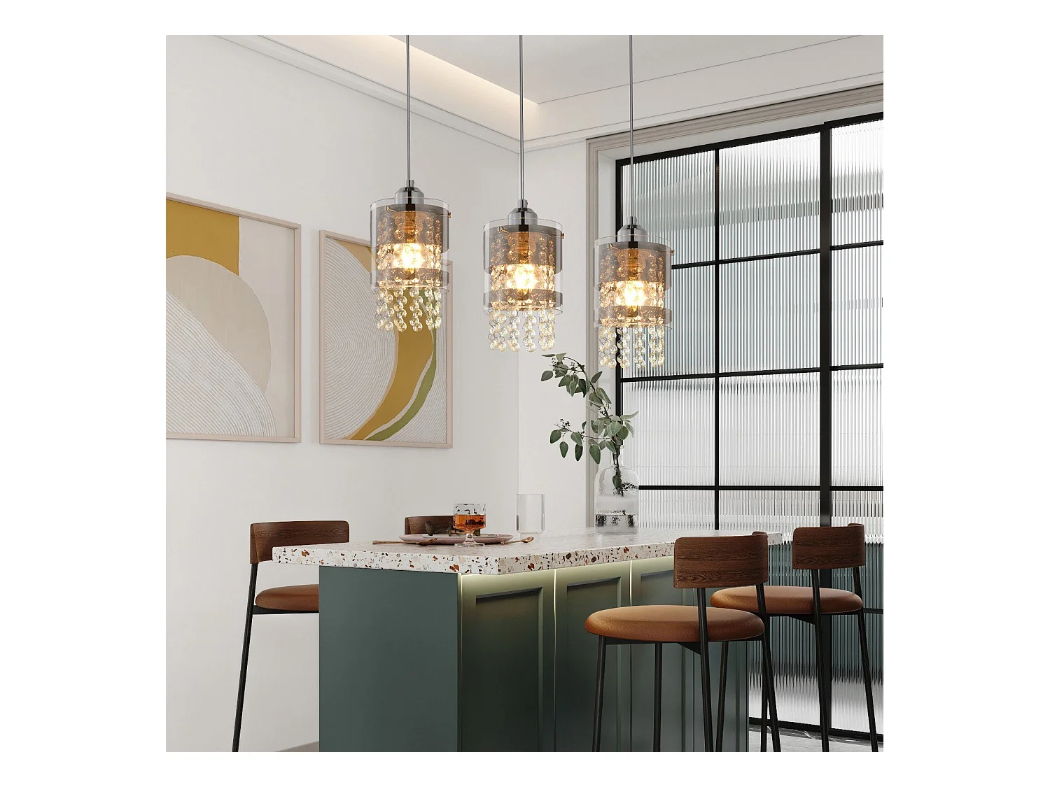 NETTLIFE Suspension 3 Ampoules E27 Moderne Diam.60CM Hauteur Réglable Design Verre et Cristal pour Salon Chambre Cuisine Salle à Manger Max.25w