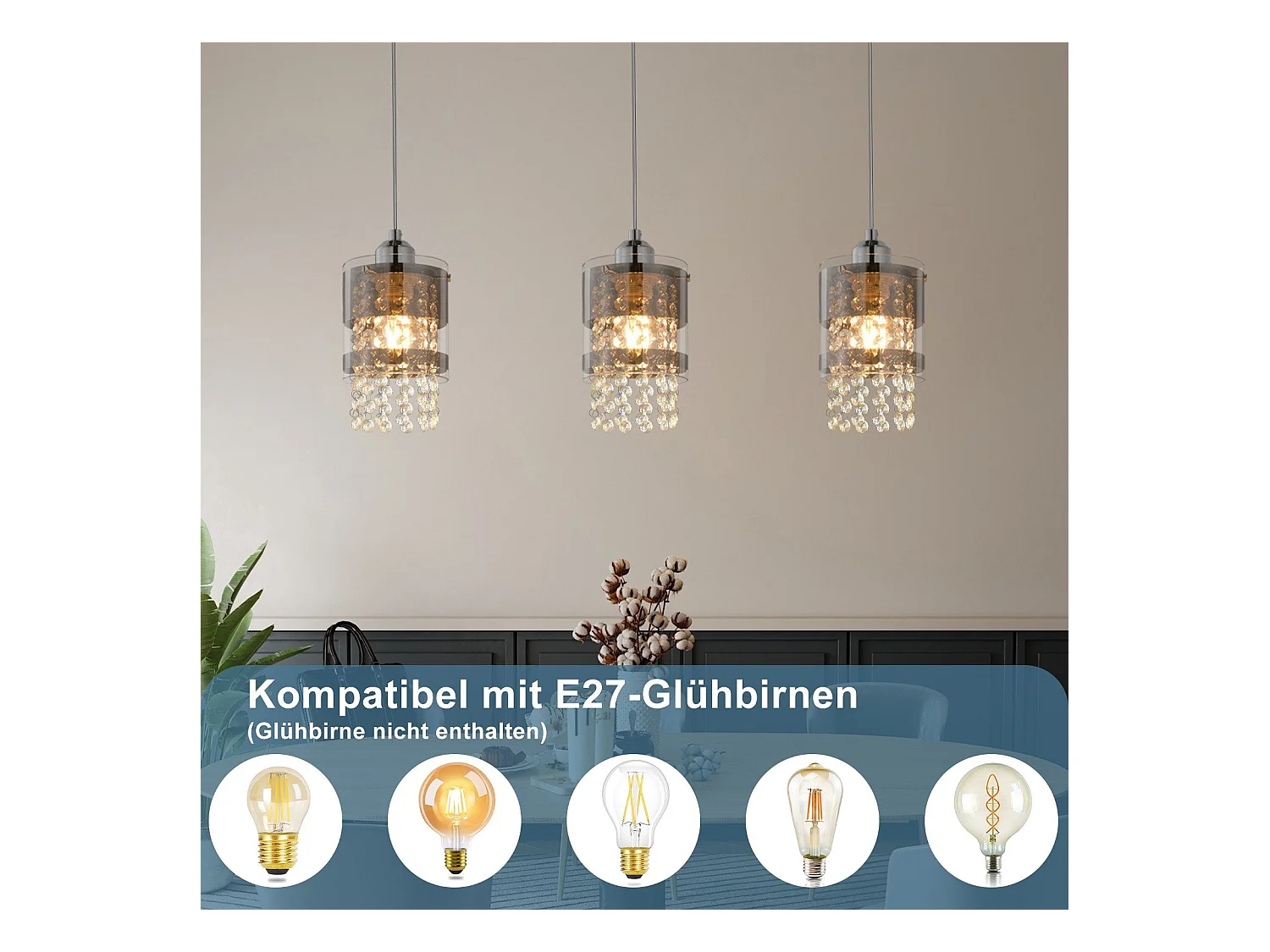 NETTLIFE Suspension 3 Ampoules E27 Moderne Diam.60CM Hauteur Réglable Design Verre et Cristal pour Salon Chambre Cuisine Salle à Manger Max.25w