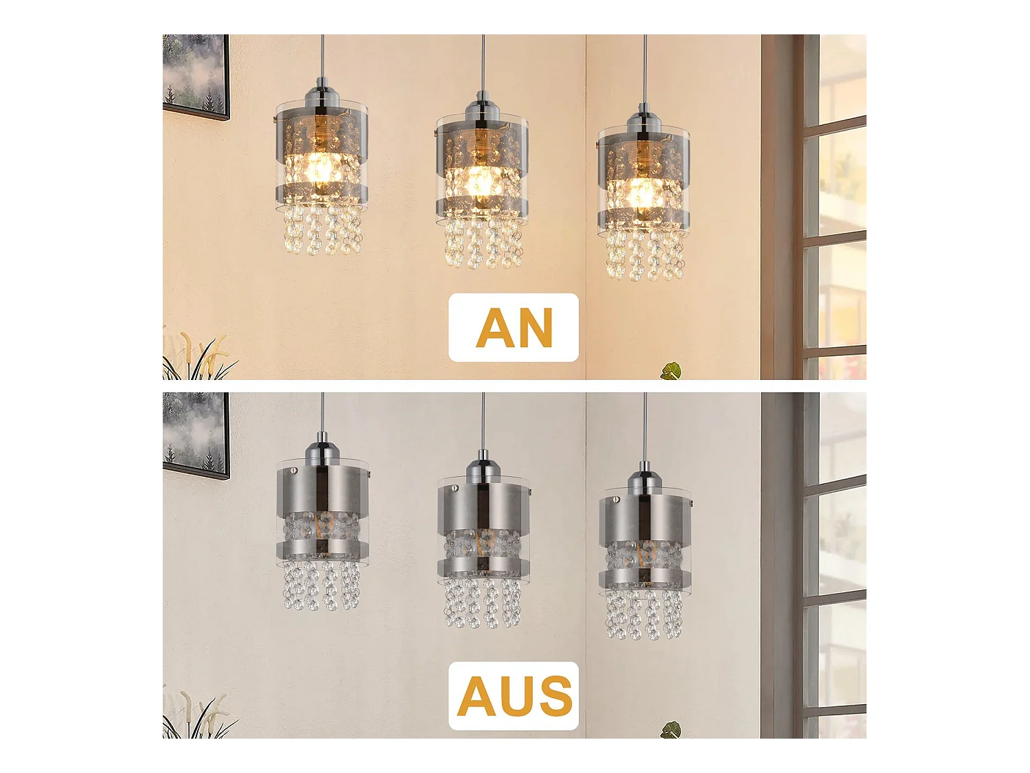 NETTLIFE Suspension 3 Ampoules E27 Moderne Diam.60CM Hauteur Réglable Design Verre et Cristal pour Salon Chambre Cuisine Salle à Manger Max.25w