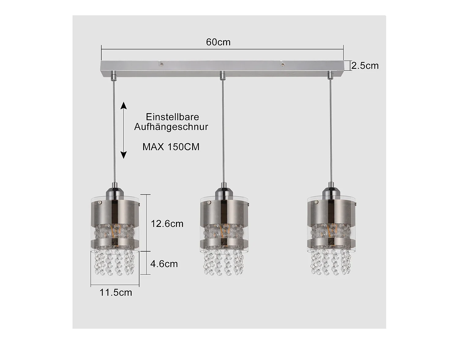 NETTLIFE Suspension 3 Ampoules E27 Moderne Diam.60CM Hauteur Réglable Design Verre et Cristal pour Salon Chambre Cuisine Salle à Manger Max.25w