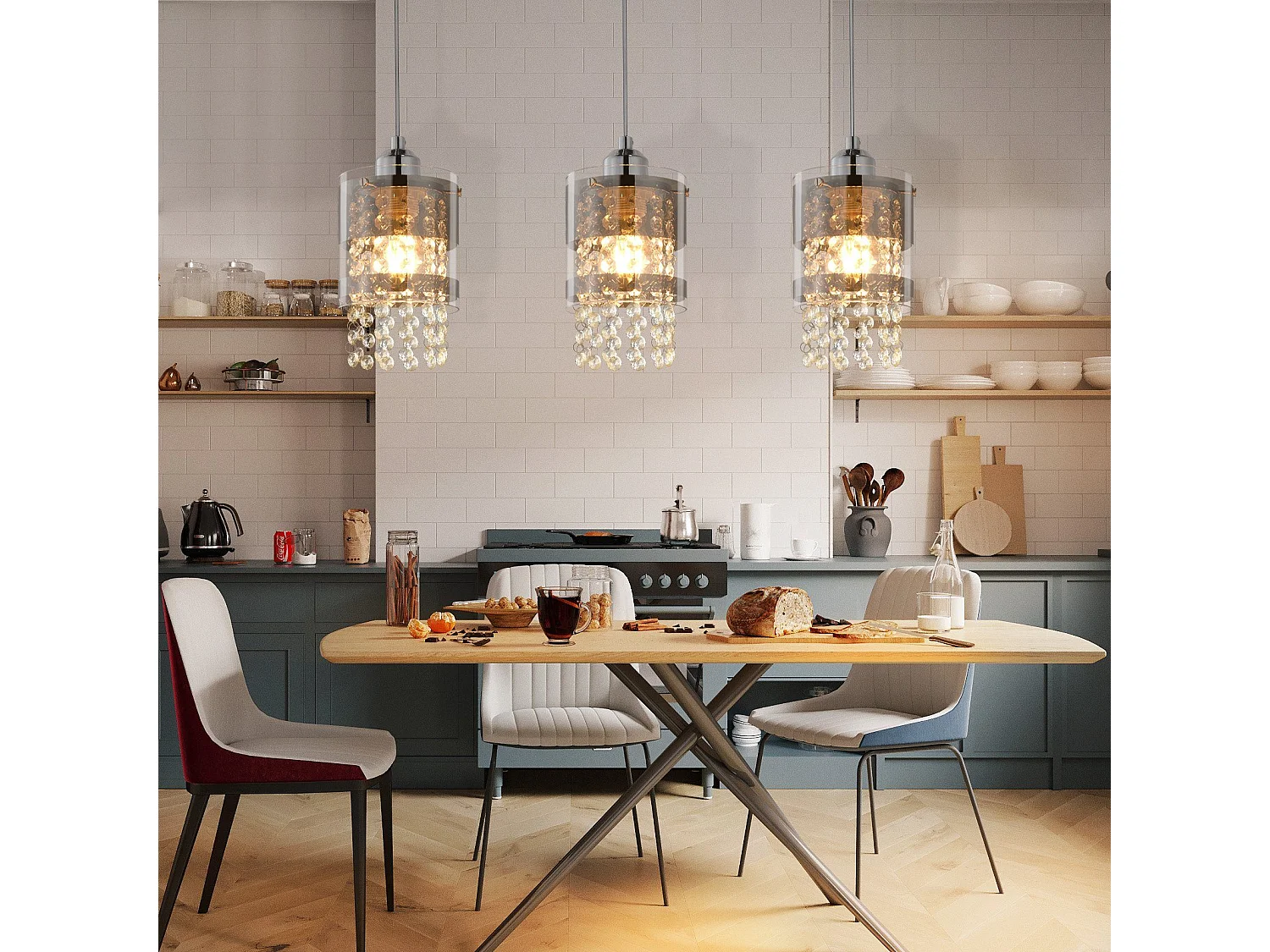 NETTLIFE Hanglamp 3 Lampen E27 Modern Diam.60CM Hoogte Verstelbaar Design Glas en Kristal Eetkamer Max.25w