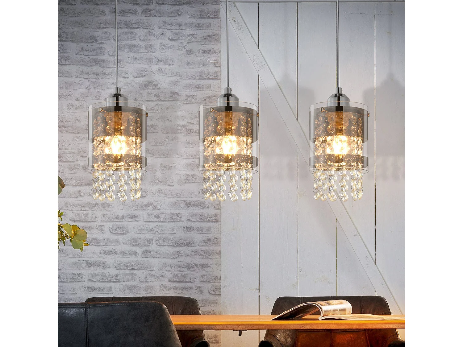 NETTLIFE Suspension 3 Ampoules E27 Moderne Diam.60CM Hauteur Réglable Design Verre et Cristal pour Salon Chambre Cuisine Salle à Manger Max.25w