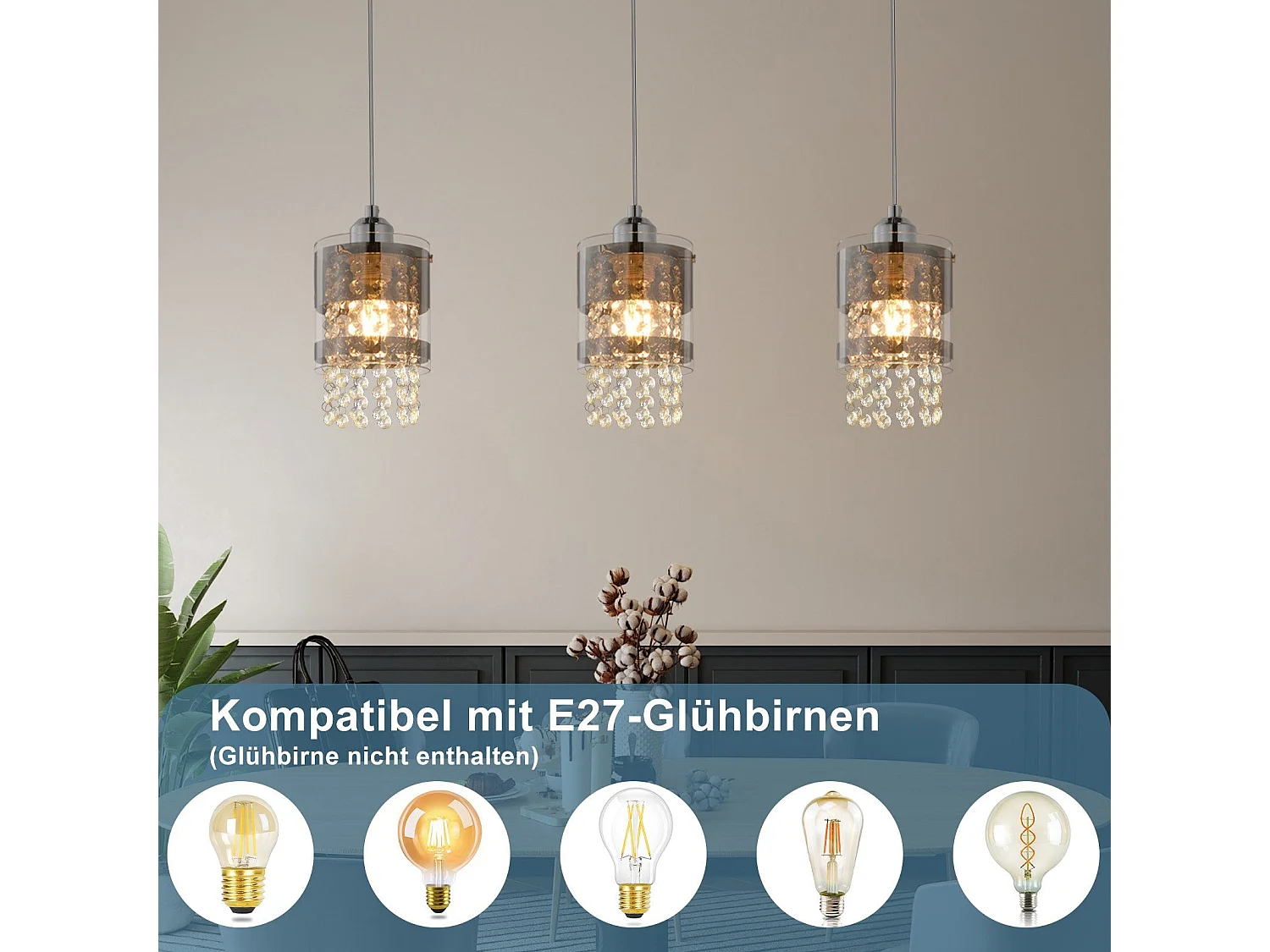 NETTLIFE Suspension 3 Ampoules E27 Moderne Diam.60CM Hauteur Réglable Design Verre et Cristal pour Salon Chambre Cuisine Salle à Manger Max.25w