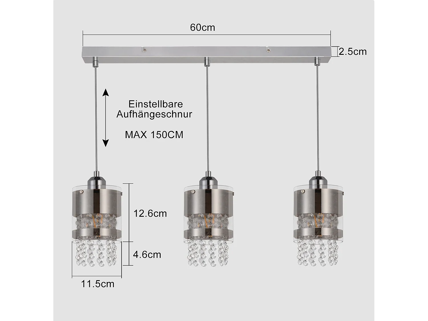 NETTLIFE Suspension 3 Ampoules E27 Moderne Diam.60CM Hauteur Réglable Design Verre et Cristal pour Salon Chambre Cuisine Salle à Manger Max.25w