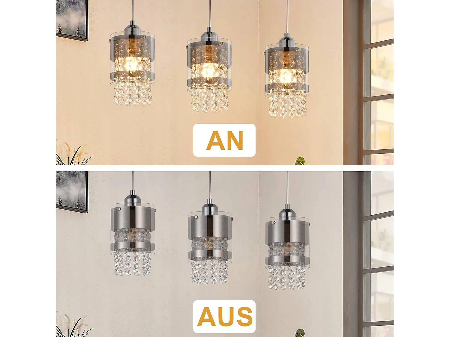 NETTLIFE Suspension 3 Ampoules E27 Moderne Diam.60CM Hauteur Réglable Design Verre et Cristal pour Salon Chambre Cuisine Salle à Manger Max.25w