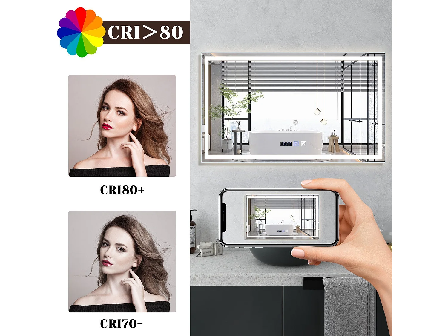 NETTLIFE Miroir lumineux salle de bain - 100x60 cm LED, IP44, interrupteur tactile, horloge désembuage, réglable