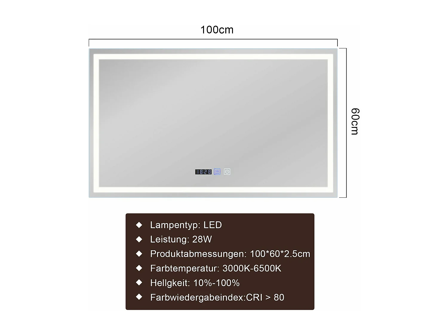 NETTLIFE Miroir lumineux salle de bain - 100x60 cm LED, IP44, interrupteur tactile, horloge désembuage, réglable