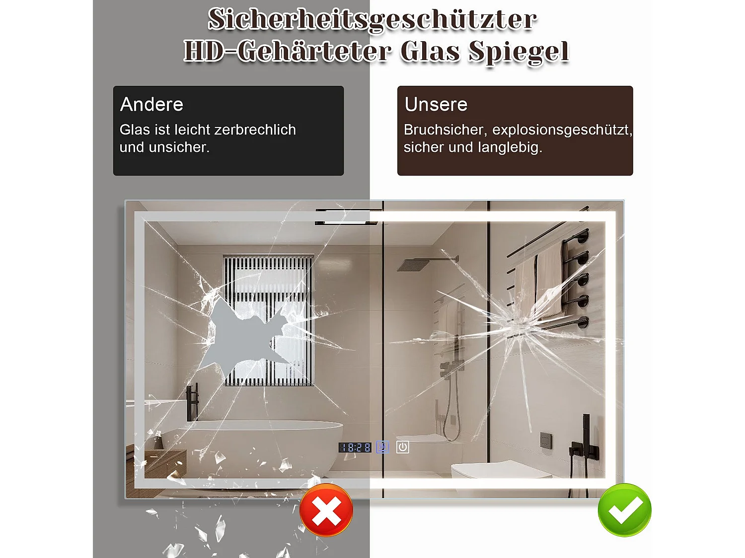 NETTLIFE Miroir lumineux salle de bain - 100x60 cm LED, IP44, interrupteur tactile, horloge désembuage, réglable