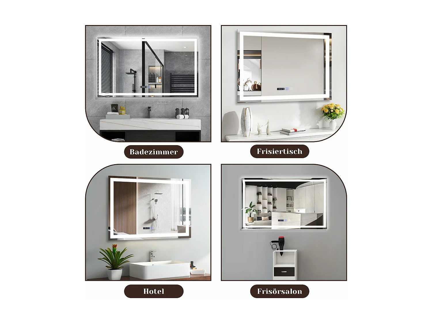 NETTLIFE Miroir lumineux salle de bain - 100x60 cm LED, IP44, interrupteur tactile, horloge désembuage, réglable