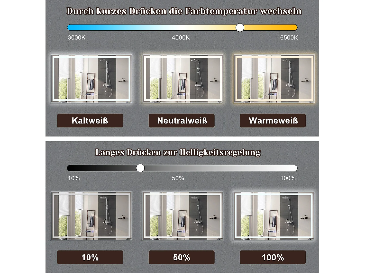 NETTLIFE Miroir lumineux salle de bain - 100x60 cm LED, IP44, interrupteur tactile, horloge désembuage, réglable