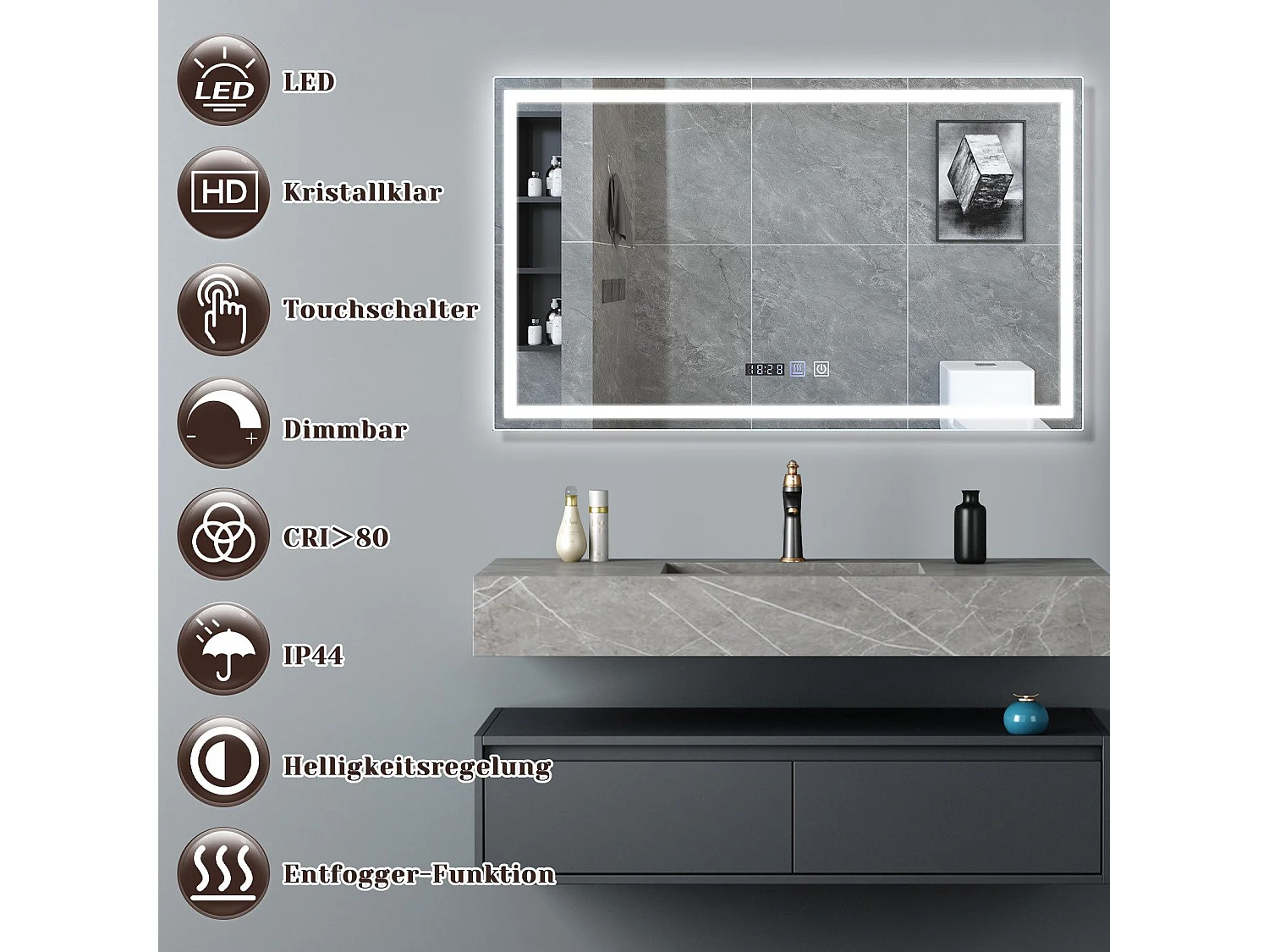 NETTLIFE Miroir lumineux salle de bain - 100x60 cm LED, IP44, interrupteur tactile, horloge désembuage, réglable