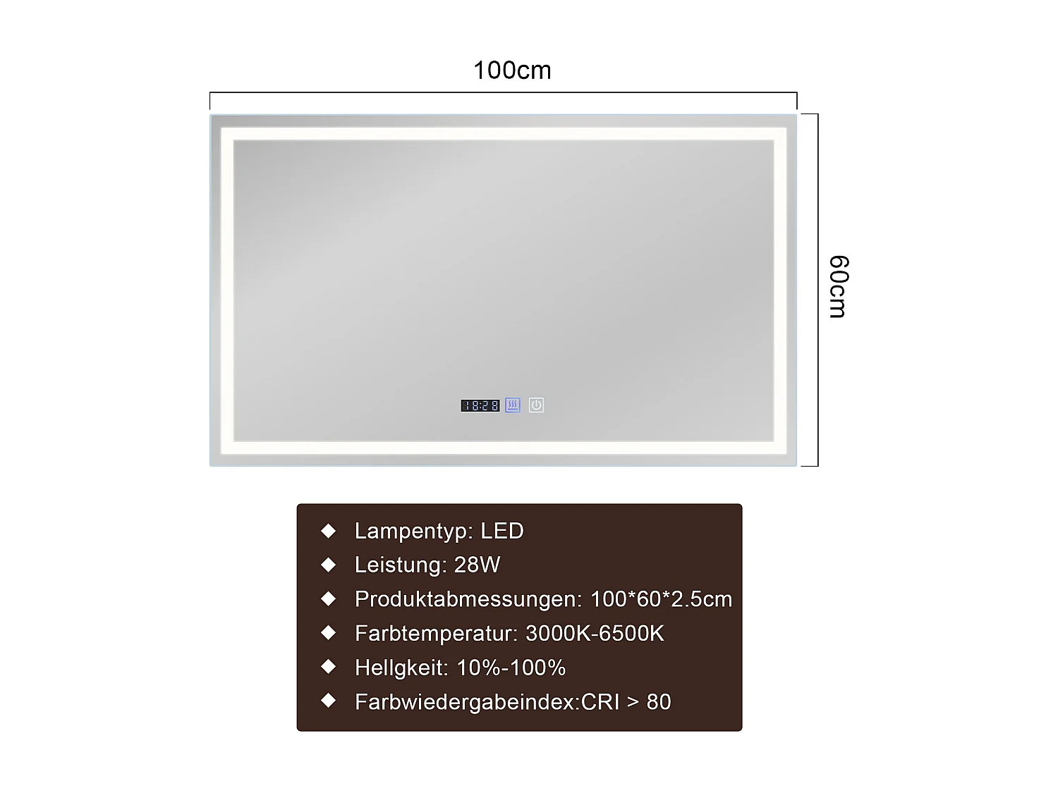 NETTLIFE Miroir lumineux salle de bain - 100x60 cm LED, IP44, interrupteur tactile, horloge désembuage, réglable