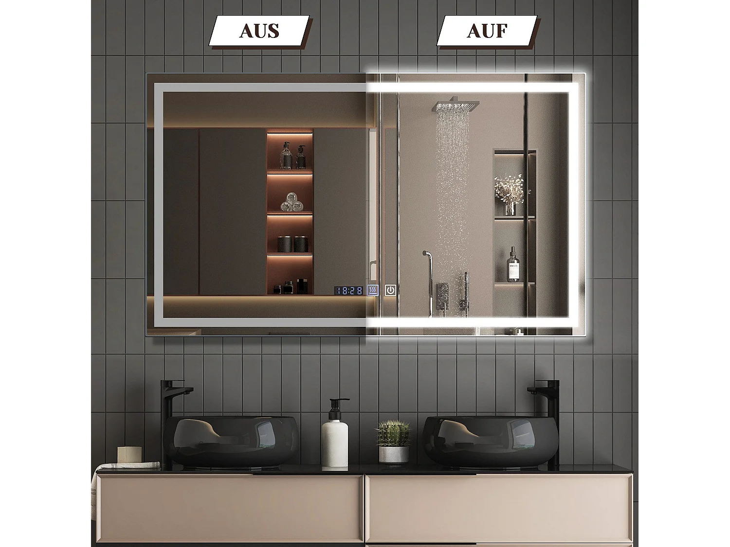 NETTLIFE Miroir lumineux salle de bain - 100x60 cm LED, IP44, interrupteur tactile, horloge désembuage, réglable