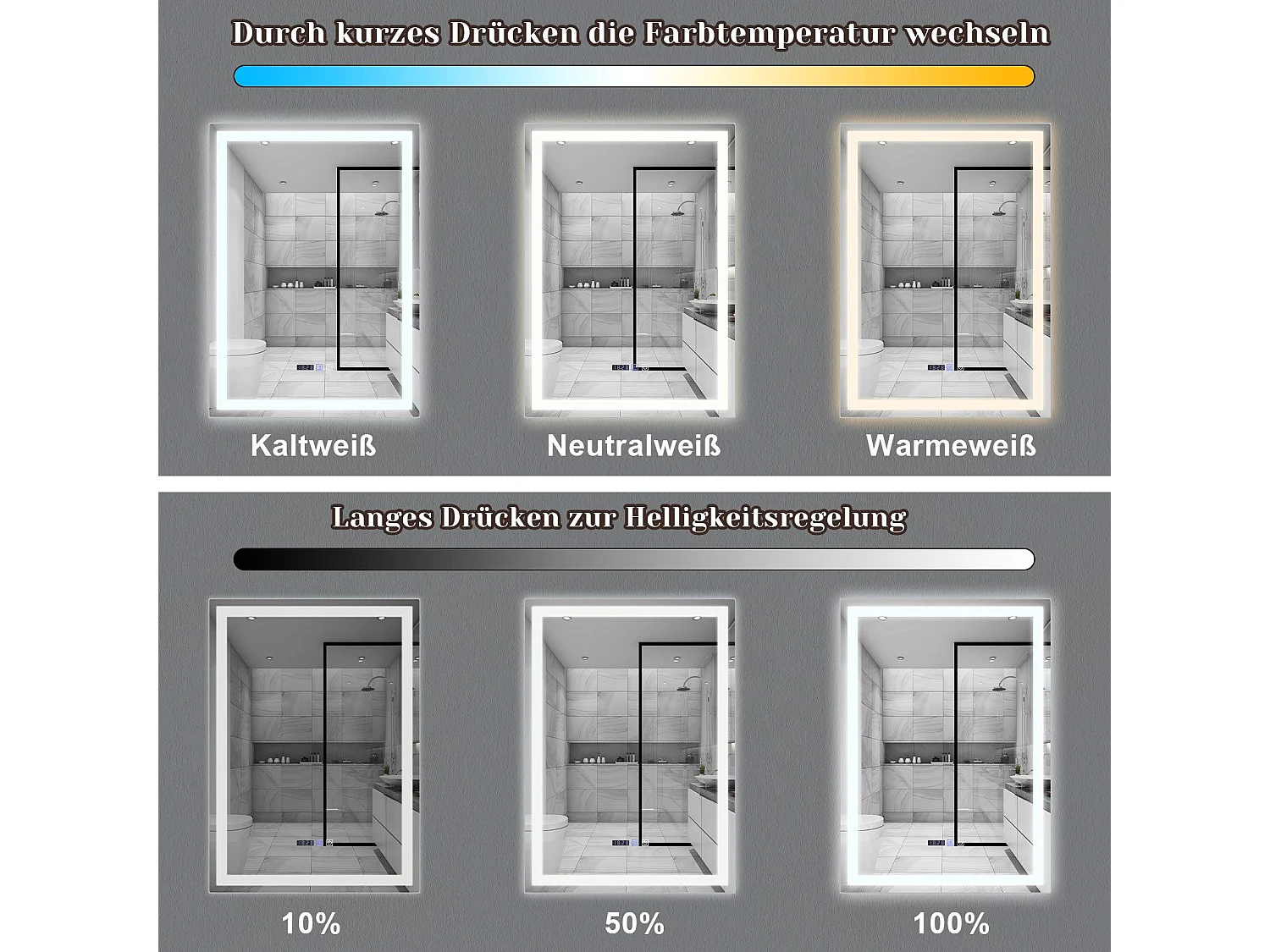 NETTLIFE Miroir lumineux salle de bain - 60x80 cm LED, muurschildering, IP44, tactiele onderbreking, horloge, verstelbaar