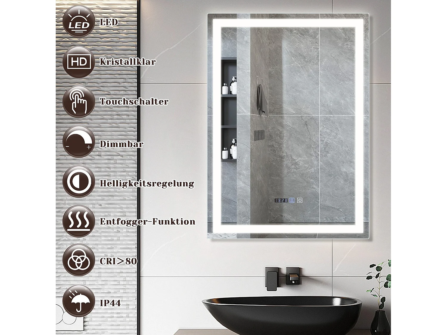 NETTLIFE Beleuchteter Badezimmerspiegel – 60 x 80 cm, LED, Wandmontage, IP44, Berührungsschalter, Uhr, verstellbar