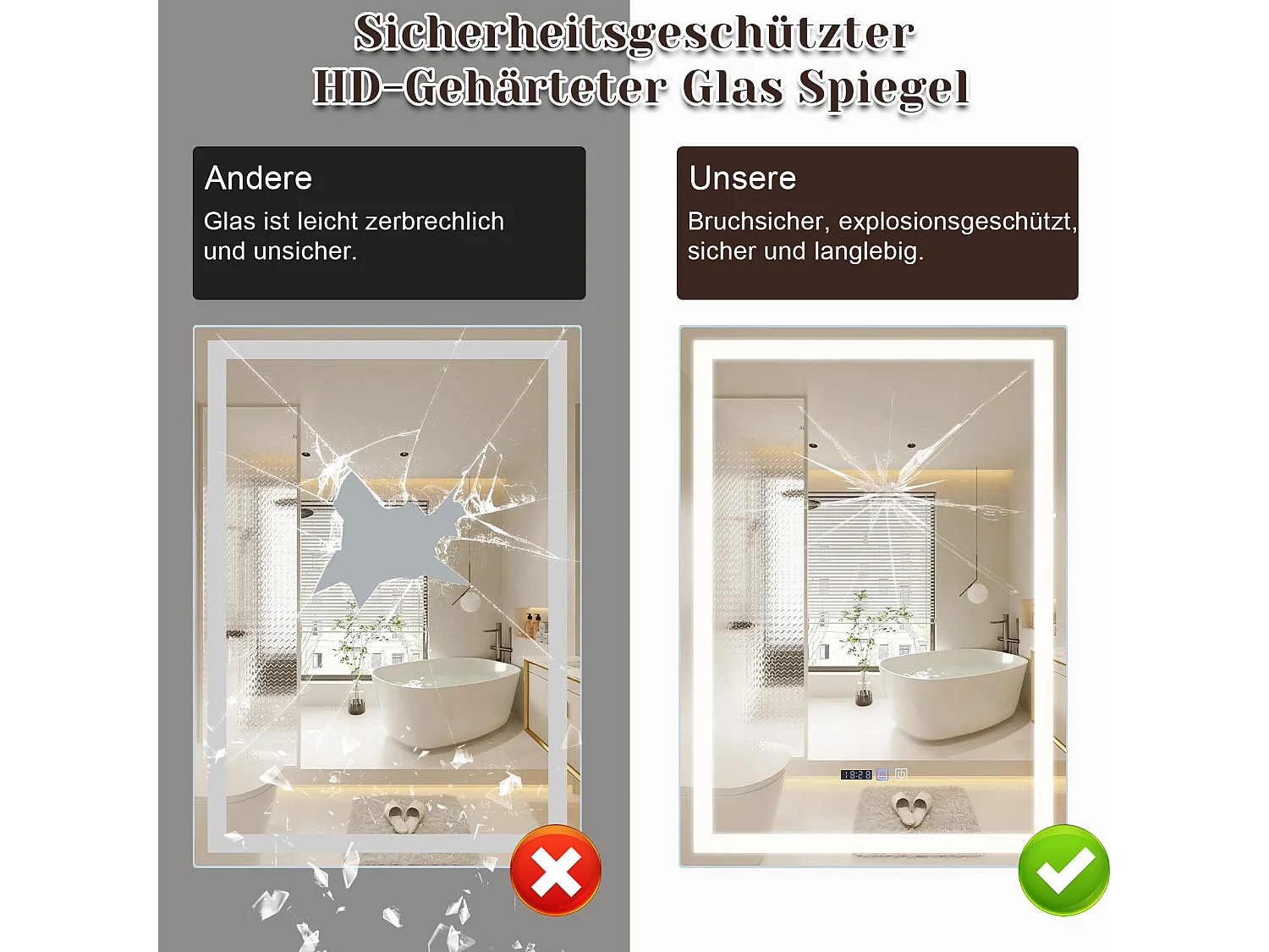 NETTLIFE Beleuchteter Badezimmerspiegel – 60 x 80 cm, LED, Wandmontage, IP44, Berührungsschalter, Uhr, verstellbar