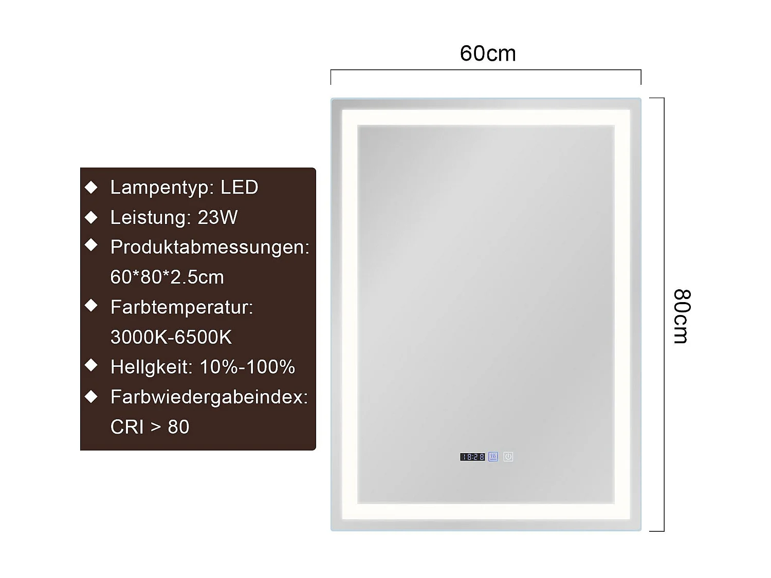 NETTLIFE Beleuchteter Badezimmerspiegel – 60 x 80 cm, LED, Wandmontage, IP44, Berührungsschalter, Uhr, verstellbar