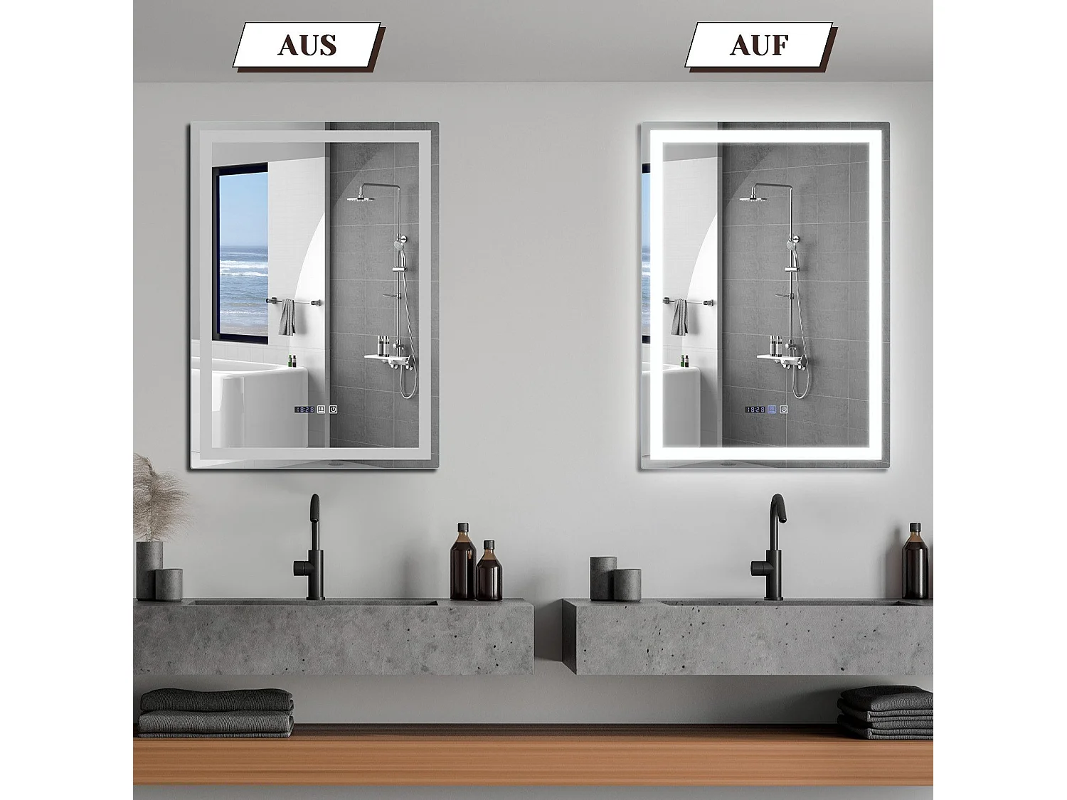 NETTLIFE Beleuchteter Badezimmerspiegel – 60 x 80 cm, LED, Wandmontage, IP44, Berührungsschalter, Uhr, verstellbar