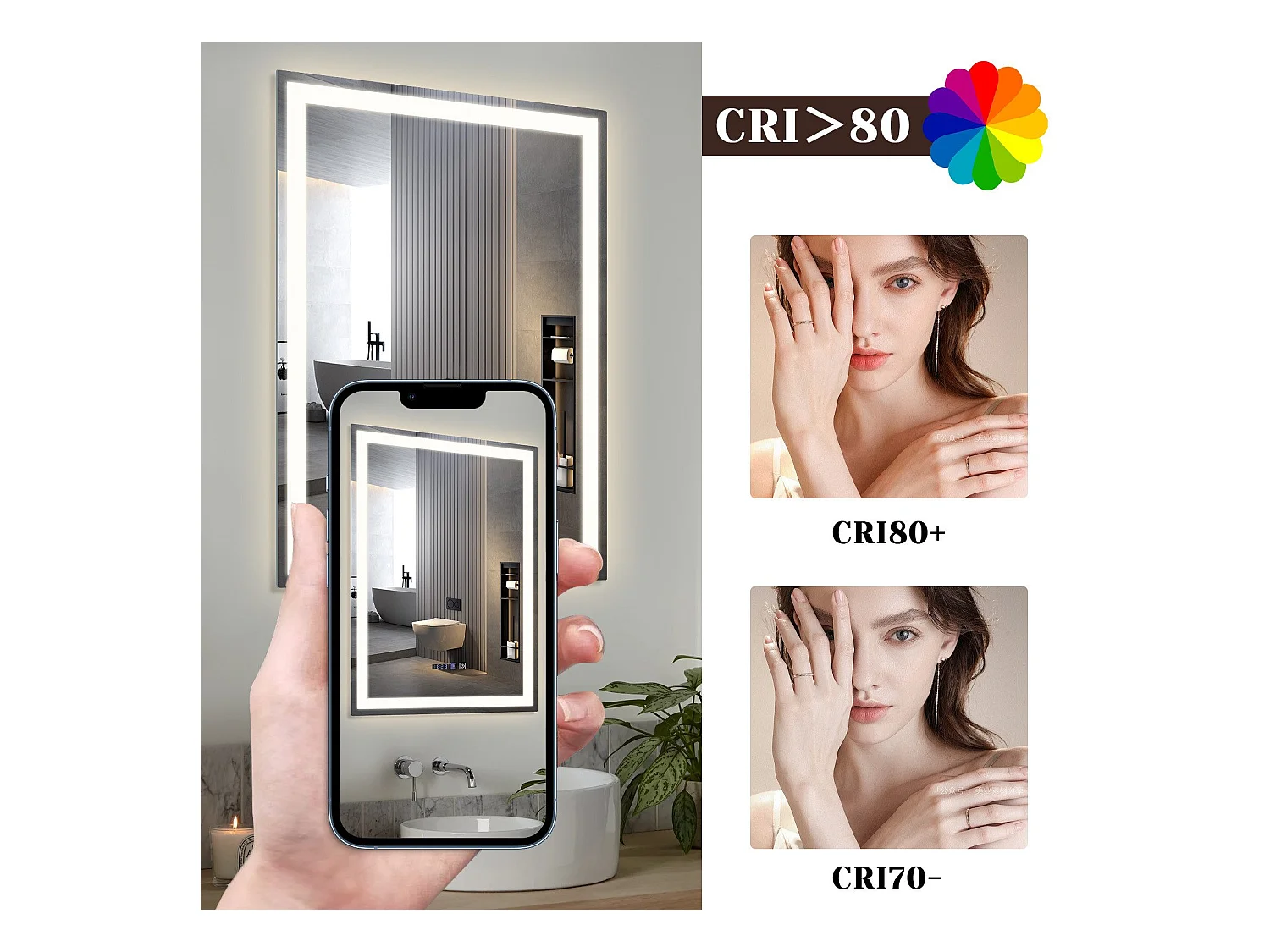 NETTLIFE Miroir lumineux salle de bain - 50x70 cm LED, mural, IP44, interrupteur tactile, horloge, antibuée, réglable